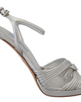 Prada Silver Leather Sandals Ankle Strap Heels Stiletto