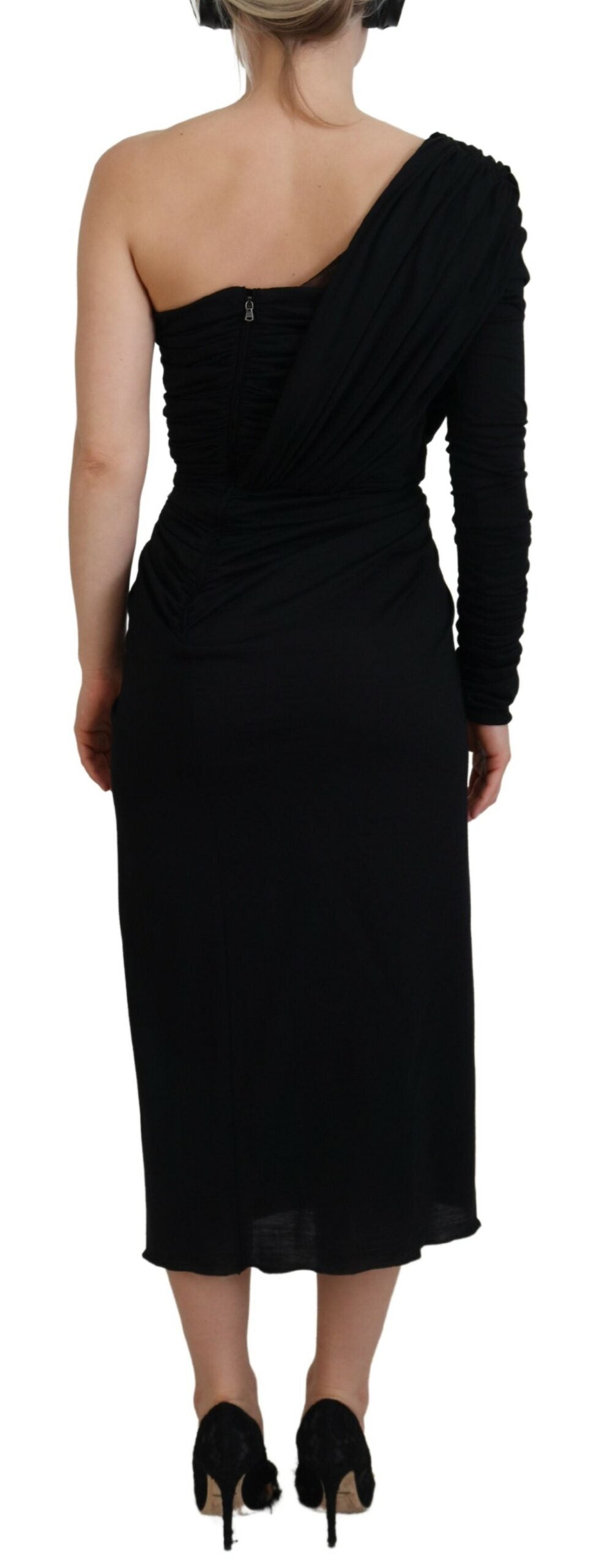 Dolce &amp; Gabbana Black Wrap Sheath One Shoulder Wool Dress