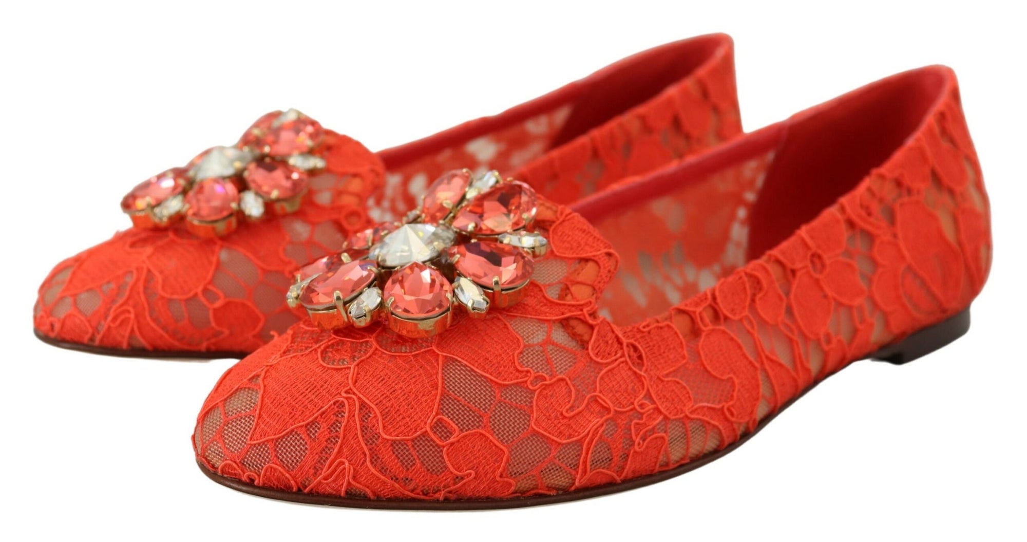 Dolce &amp; Gabbana Red Taormina Lace Crystals Ballet Flats Shoes