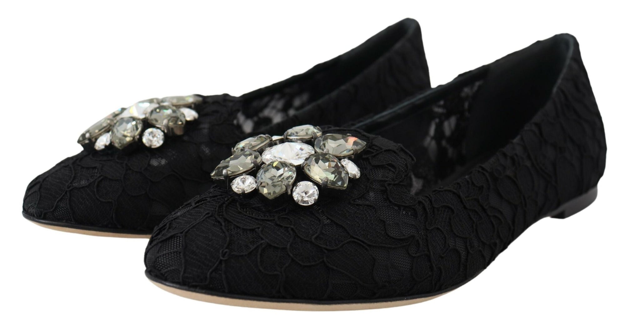 Dolce &amp; Gabbana Black Taormina Lace Crystals Flats Shoes