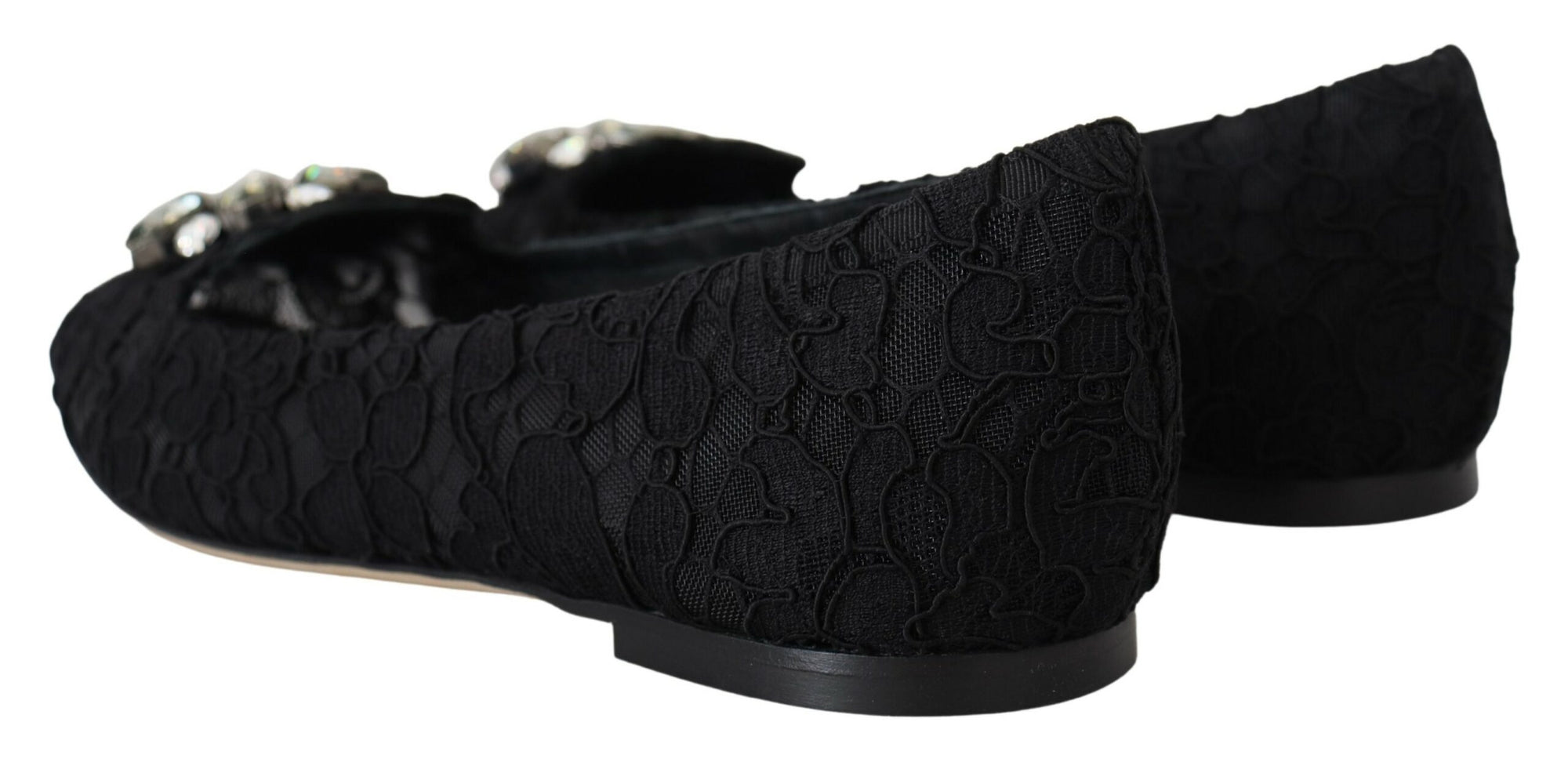 Dolce &amp; Gabbana Black Taormina Lace Crystals Flats Shoes