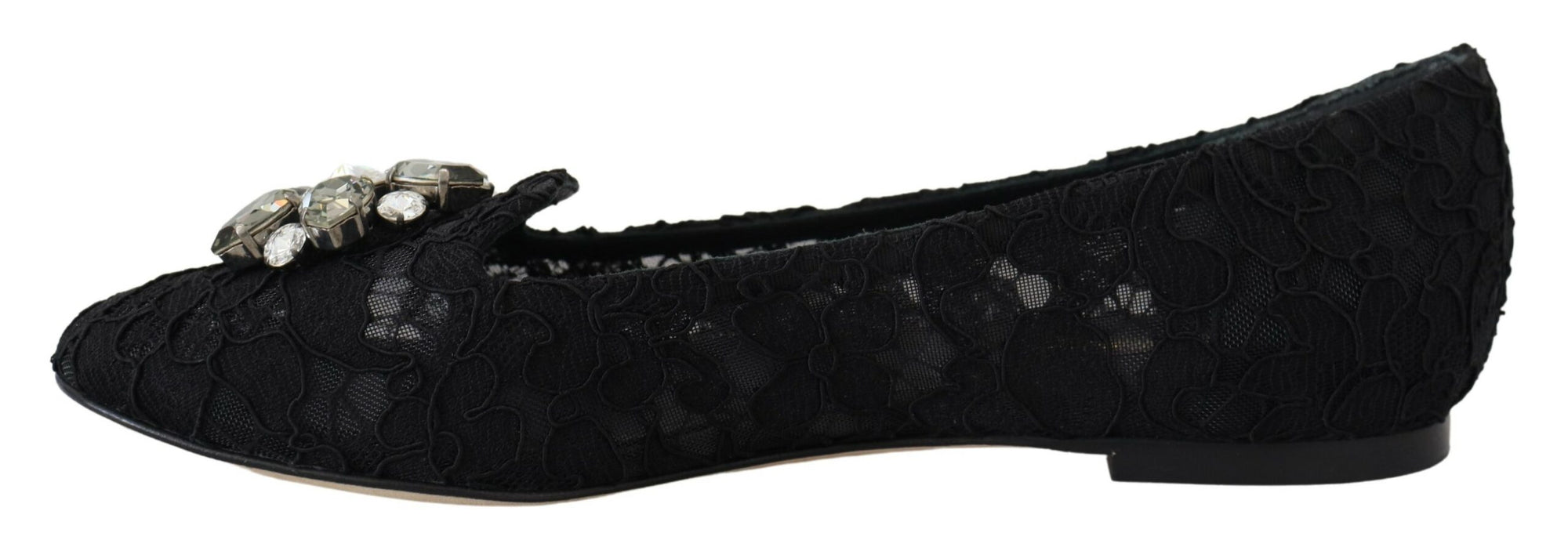 Dolce &amp; Gabbana Black Taormina Lace Crystals Flats Shoes