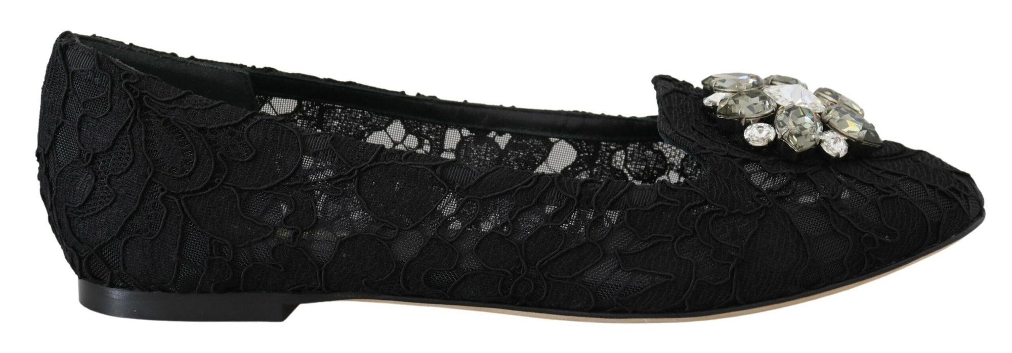 Dolce &amp; Gabbana Black Taormina Lace Crystals Flats Shoes