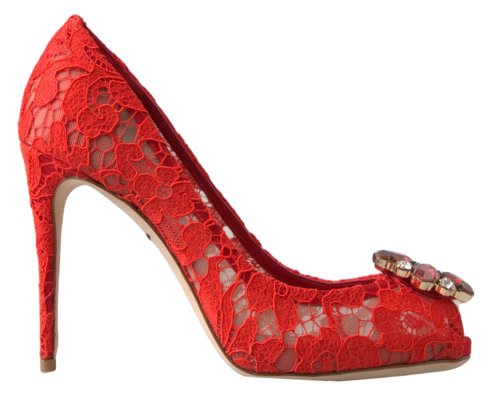 Dolce &amp; Gabbana Red Taormina Lace Crystal Heels Pumps Shoes