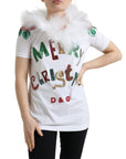 Dolce & Gabbana White Cotton Christmas Sequin Fur T-shirt