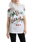 Dolce & Gabbana White Cotton Christmas Sequin Fur T-shirt