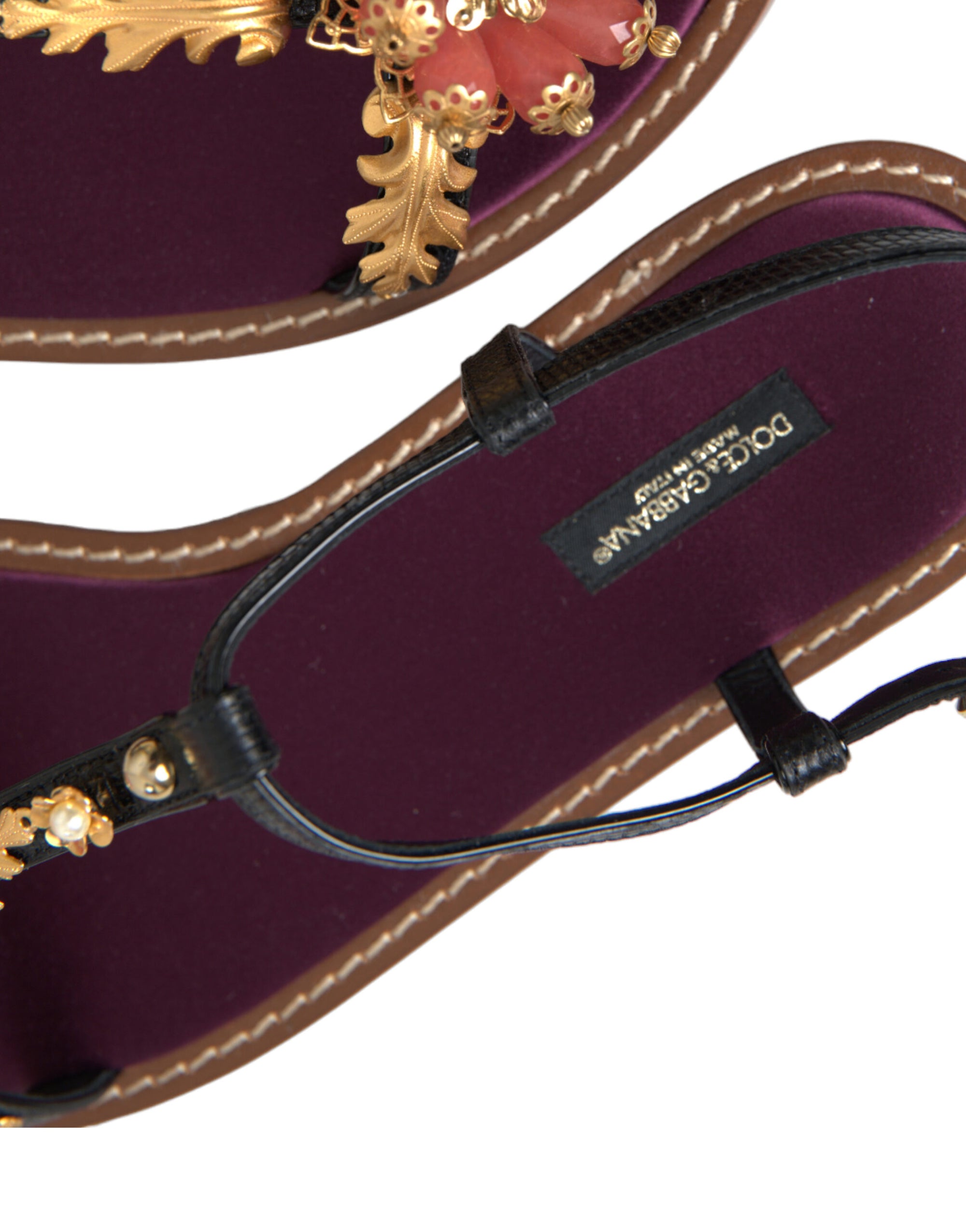 Dolce &amp; Gabbana Black Crystal Gold Sandals Leather Shoes
