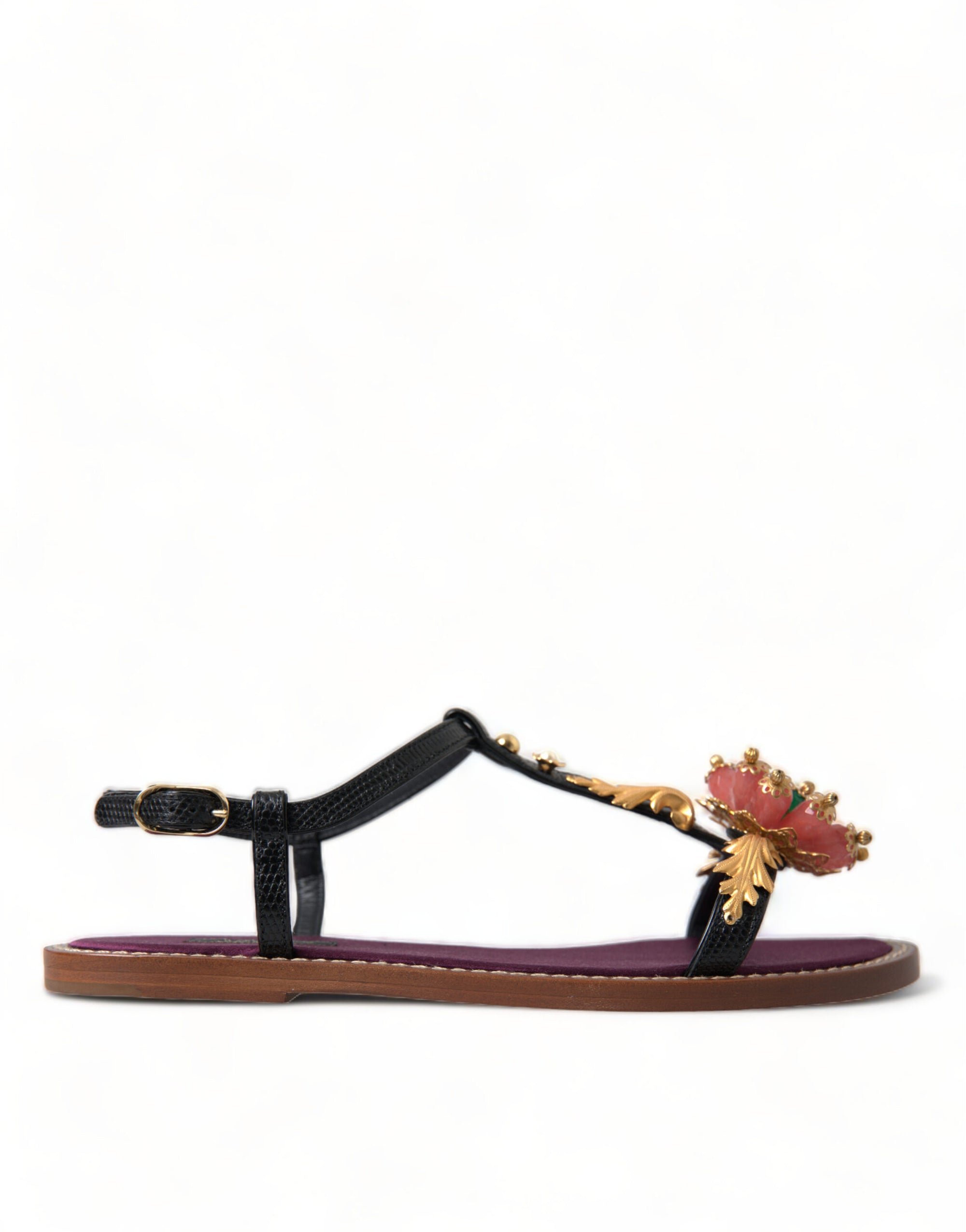 Dolce &amp; Gabbana Black Crystal Gold Sandals Leather Shoes