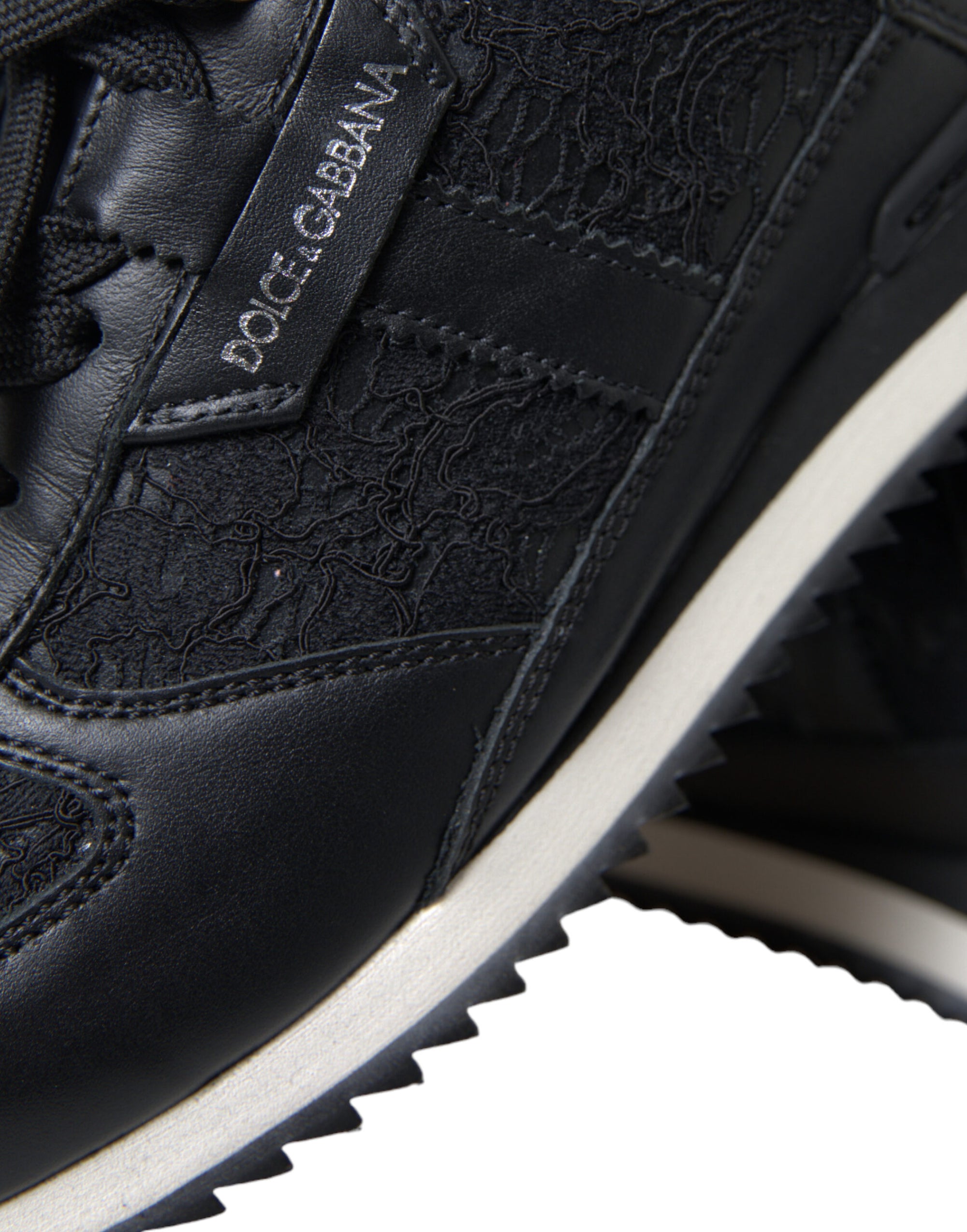 Dolce &amp; Gabbana Black Floral Lace Leather Sneakers Shoes
