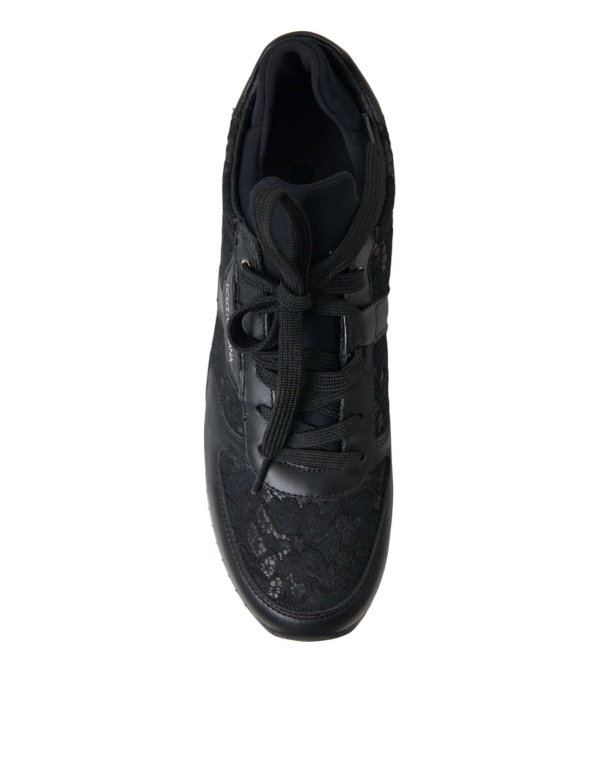 Dolce &amp; Gabbana Black Floral Lace Leather Sneakers Shoes