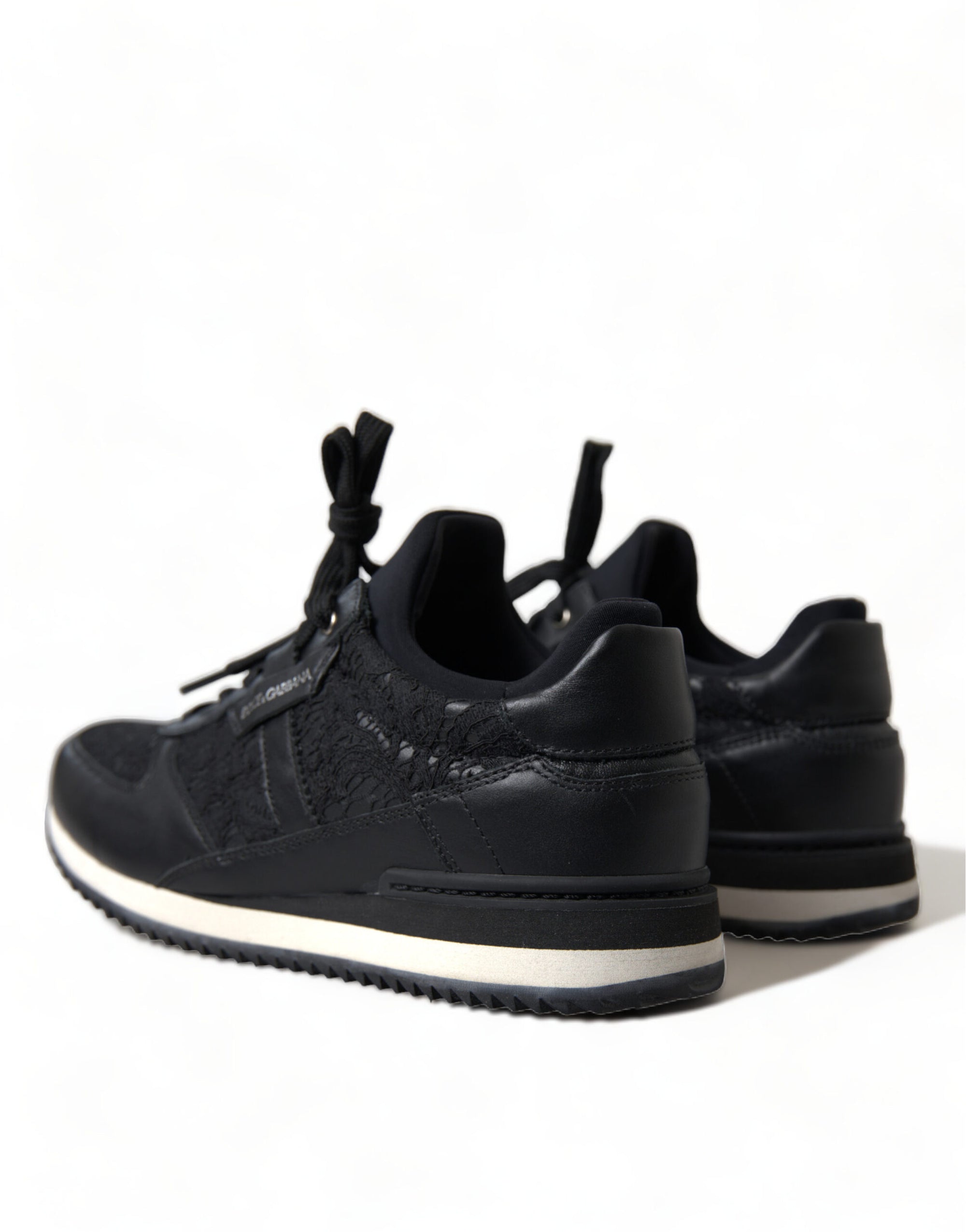 Dolce &amp; Gabbana Black Floral Lace Leather Sneakers Shoes