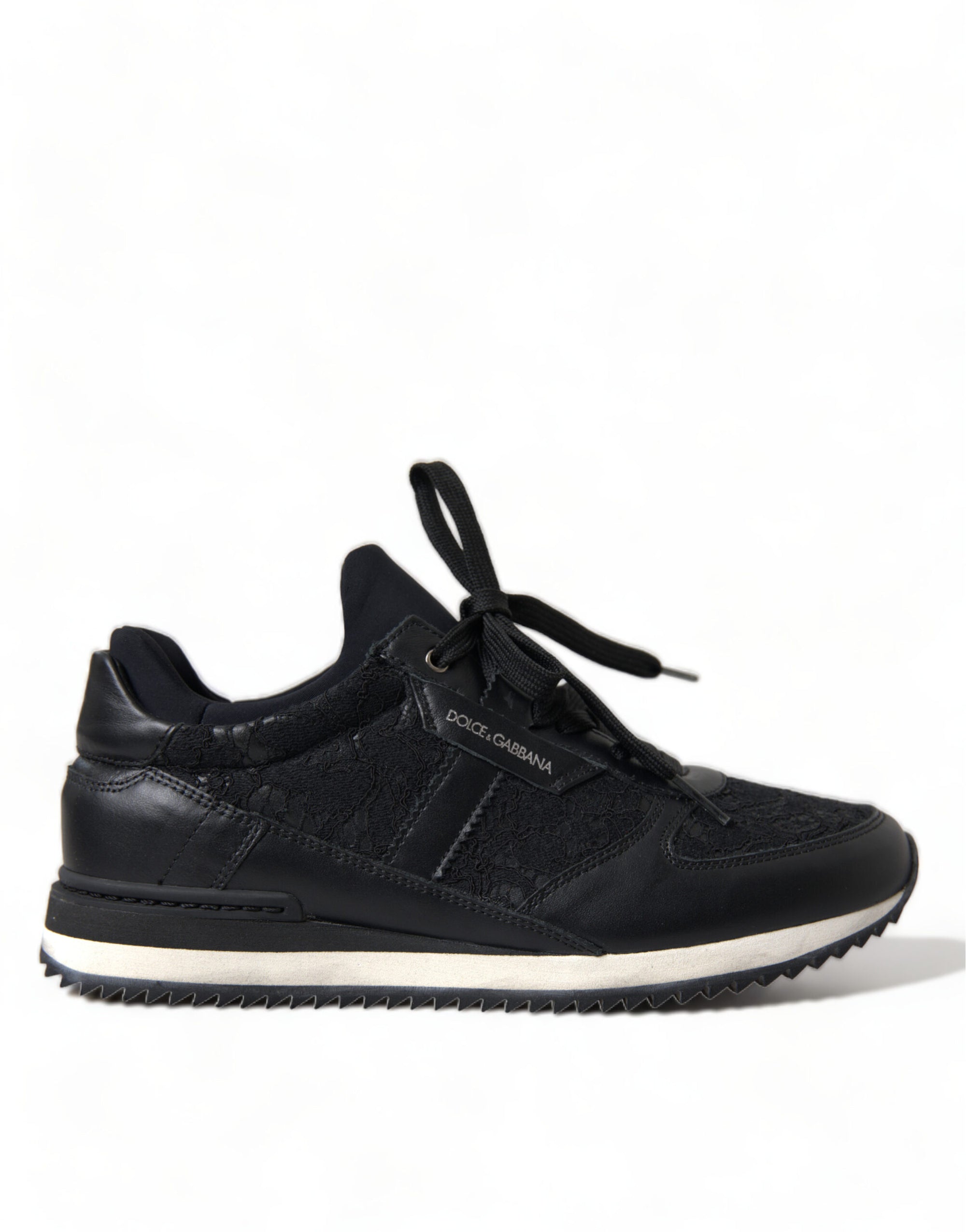 Dolce &amp; Gabbana Black Floral Lace Leather Sneakers Shoes