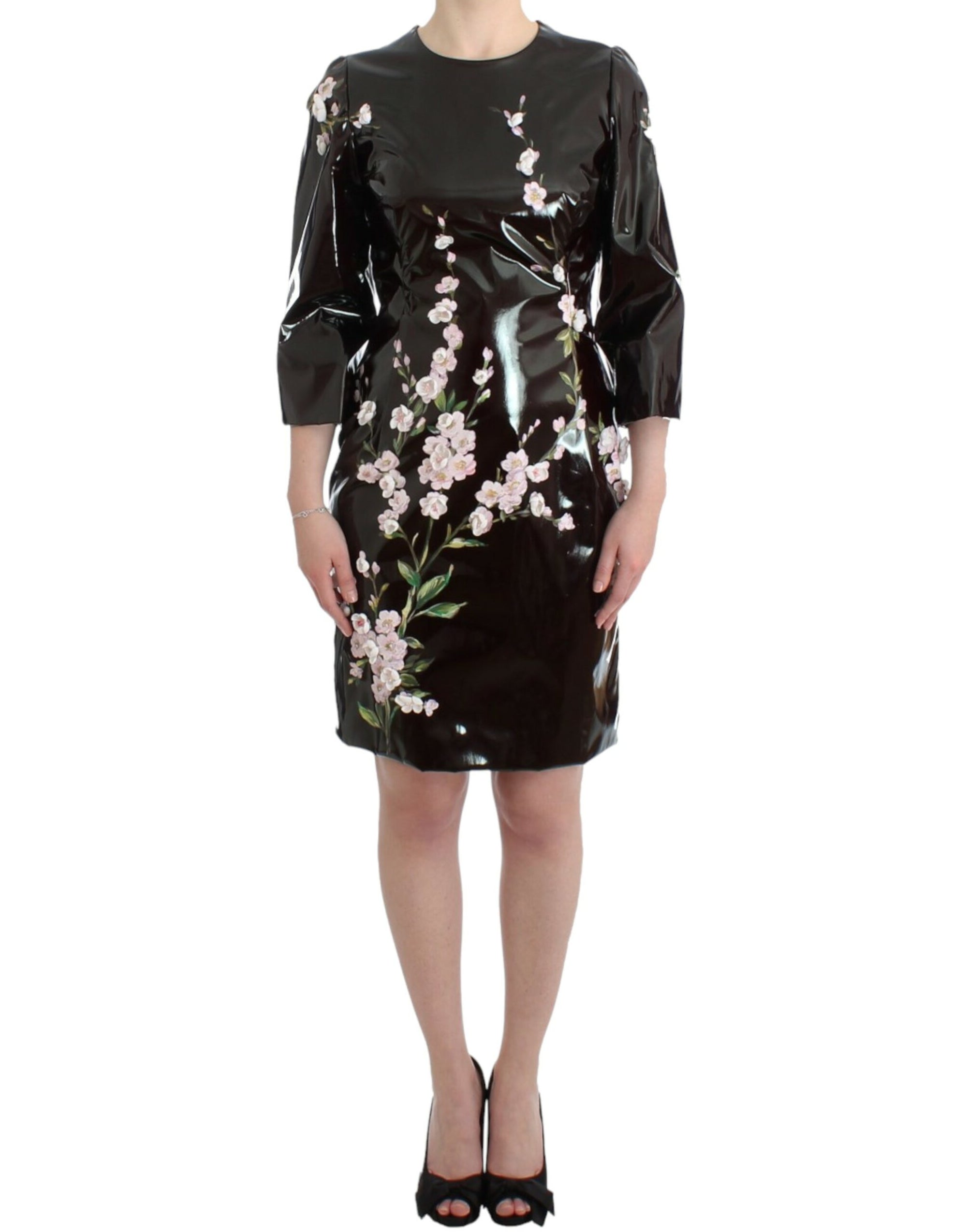 Dolce &amp; Gabbana Black patent floral HANDPAINTED dress