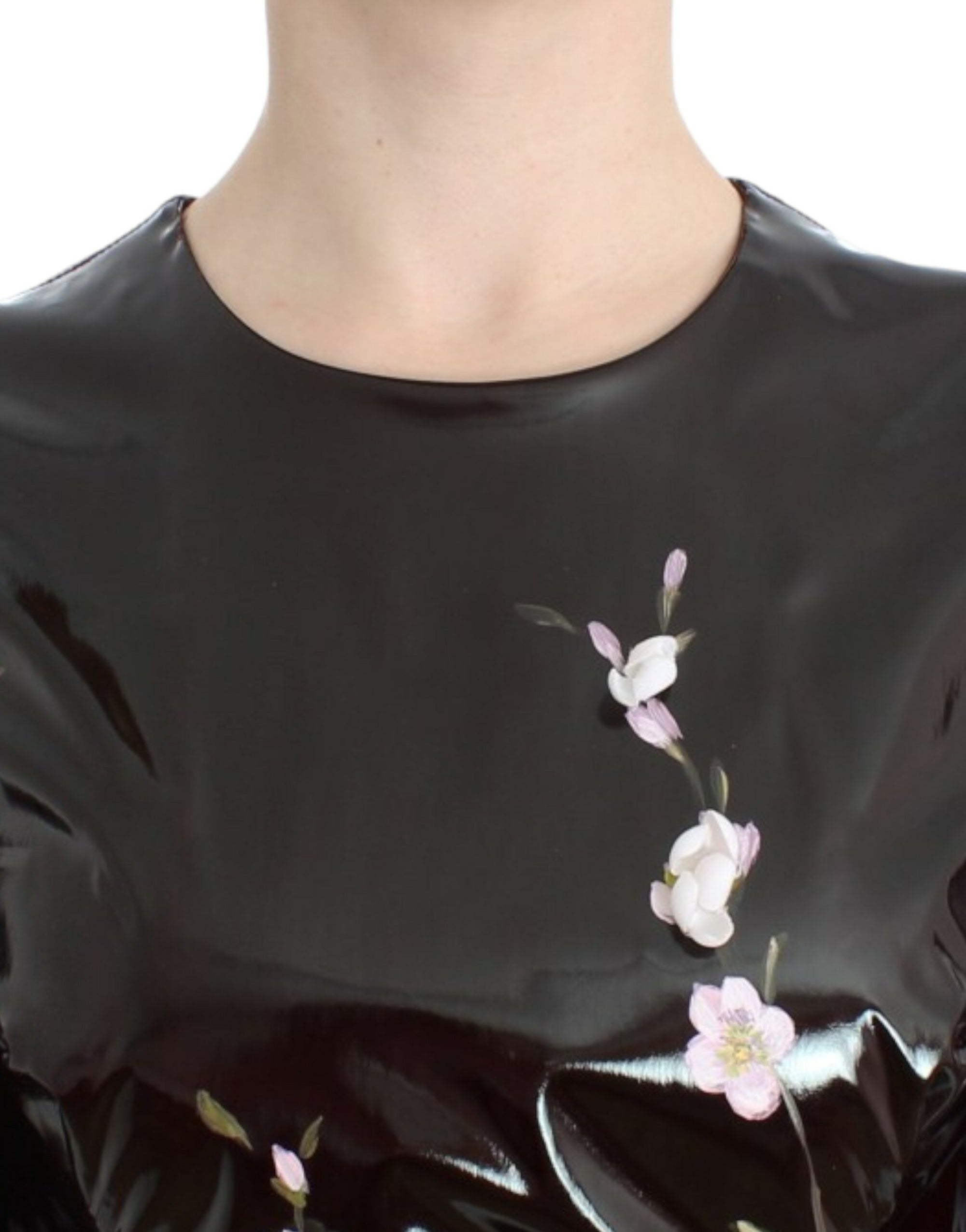 Dolce &amp; Gabbana Black patent floral HANDPAINTED dress