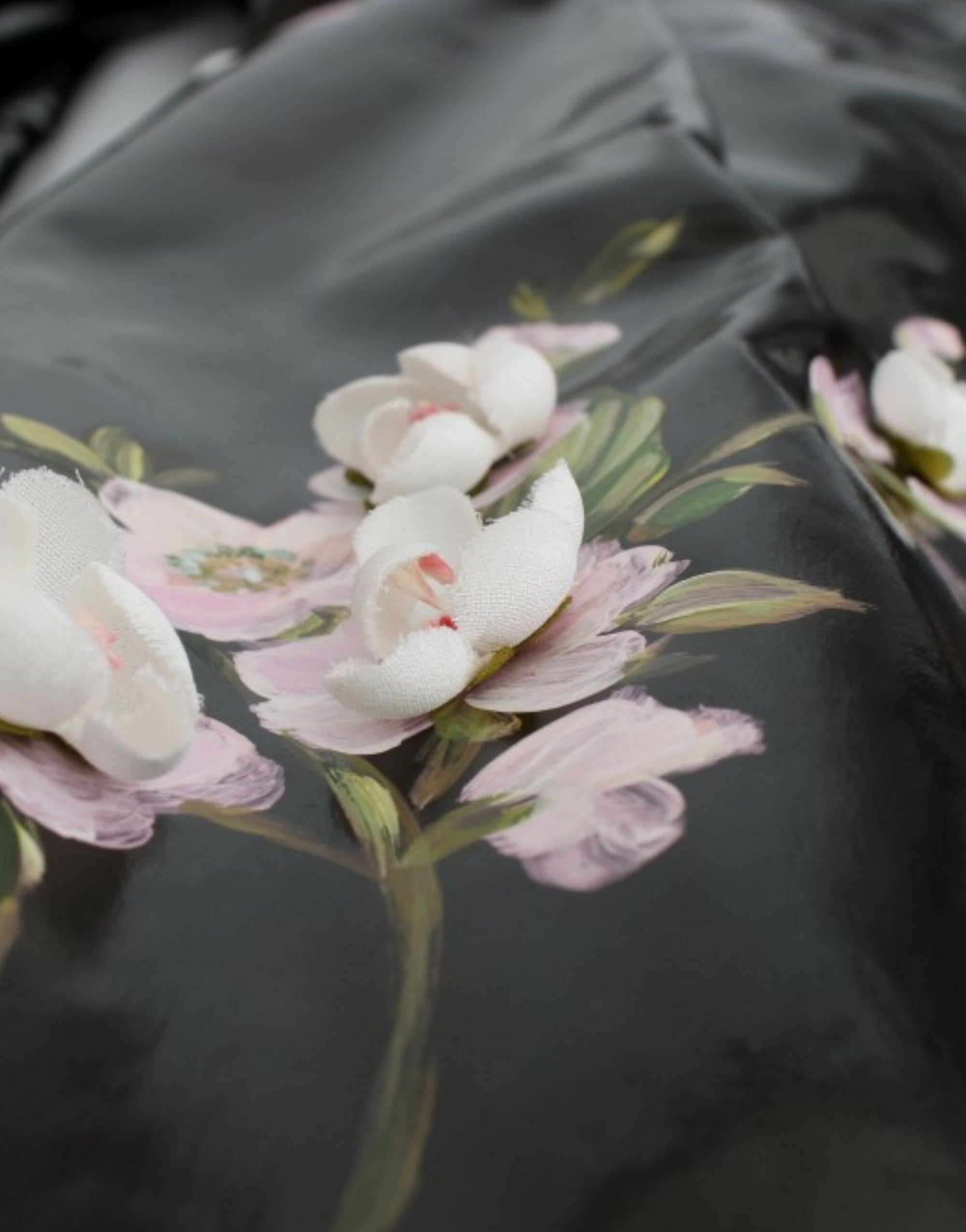 Dolce &amp; Gabbana Black patent floral HANDPAINTED dress
