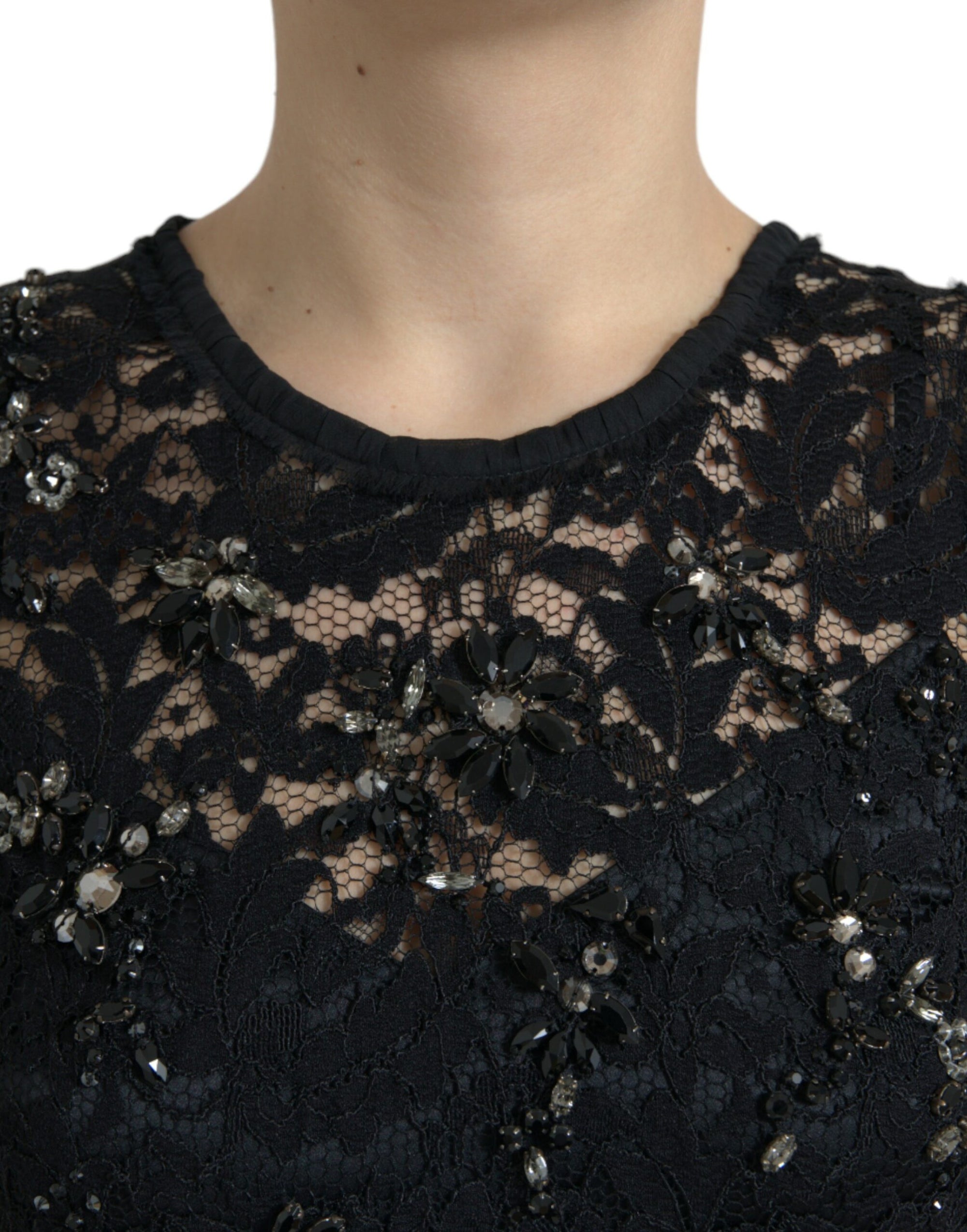 Dolce &amp; Gabbana Black Floral Lace Crystal Sheath Dress