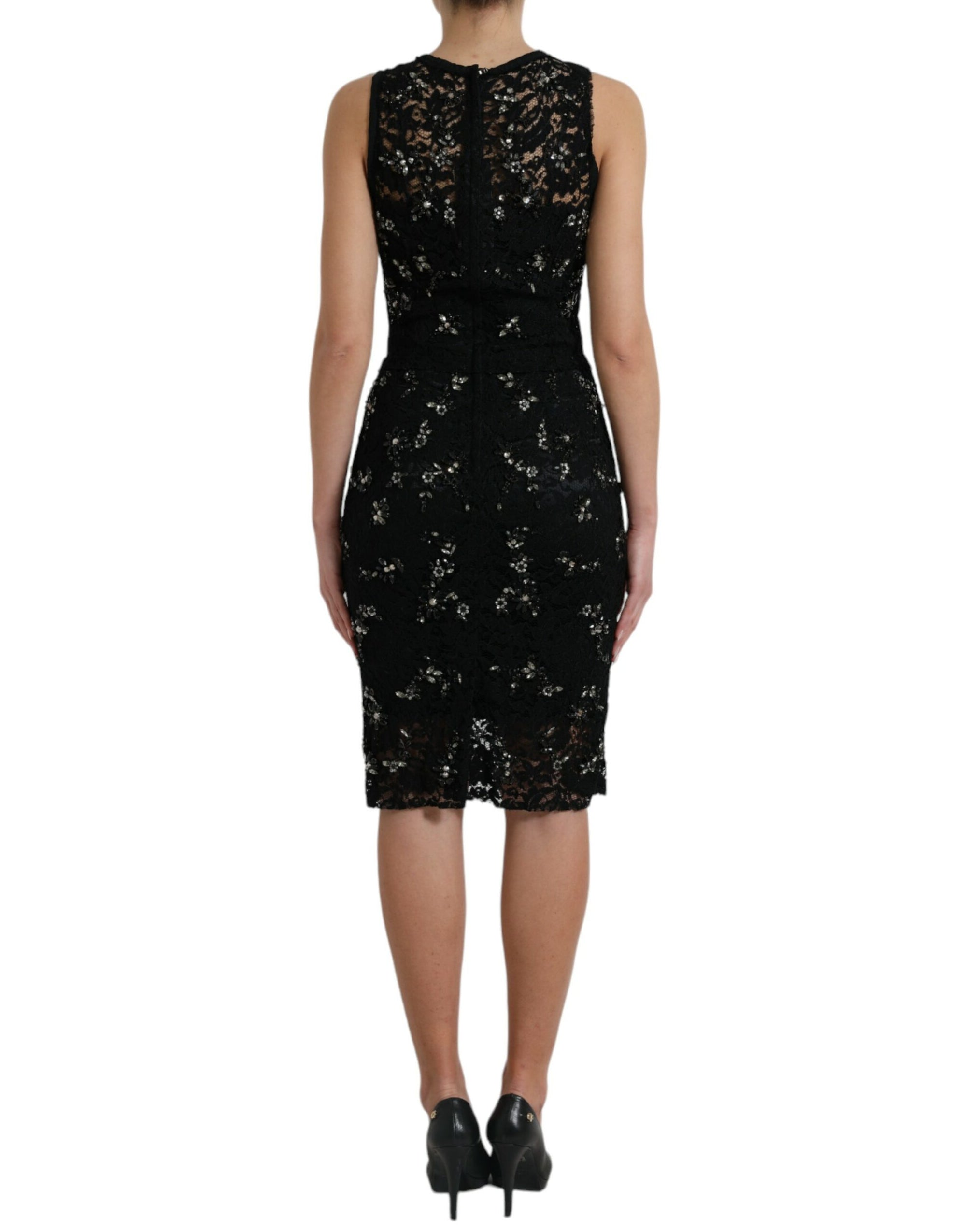 Dolce &amp; Gabbana Black Floral Lace Crystal Sheath Dress