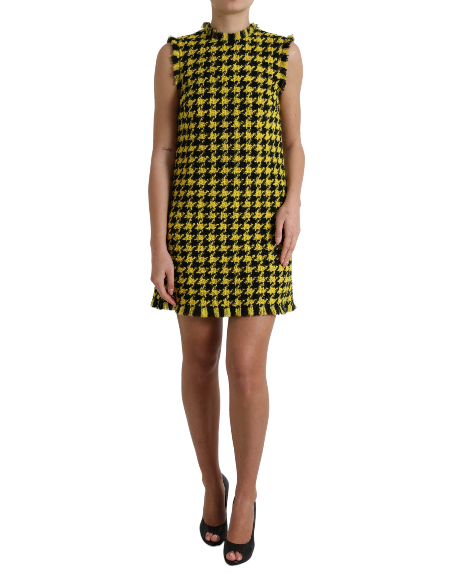 Dolce &amp; Gabbana Yellow Houndstooth Sleeveless Aline Mini Dress