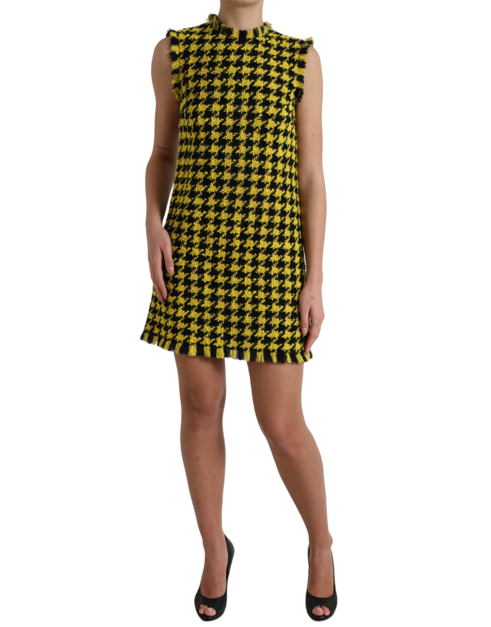Dolce &amp; Gabbana Yellow Houndstooth Sleeveless Aline Mini Dress