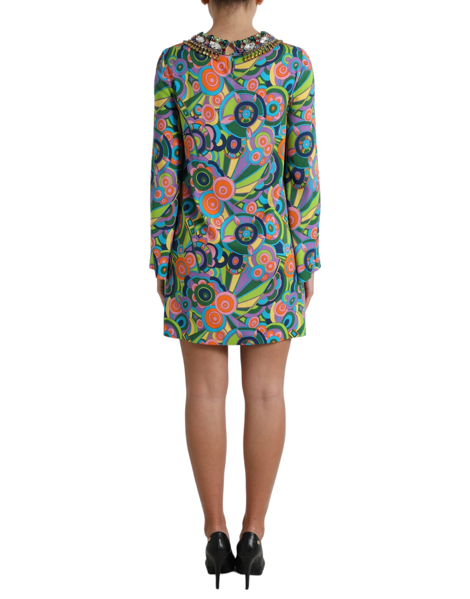 Dolce &amp; Gabbana Multicolor Geometric Print Silk Crystals Midi Dress