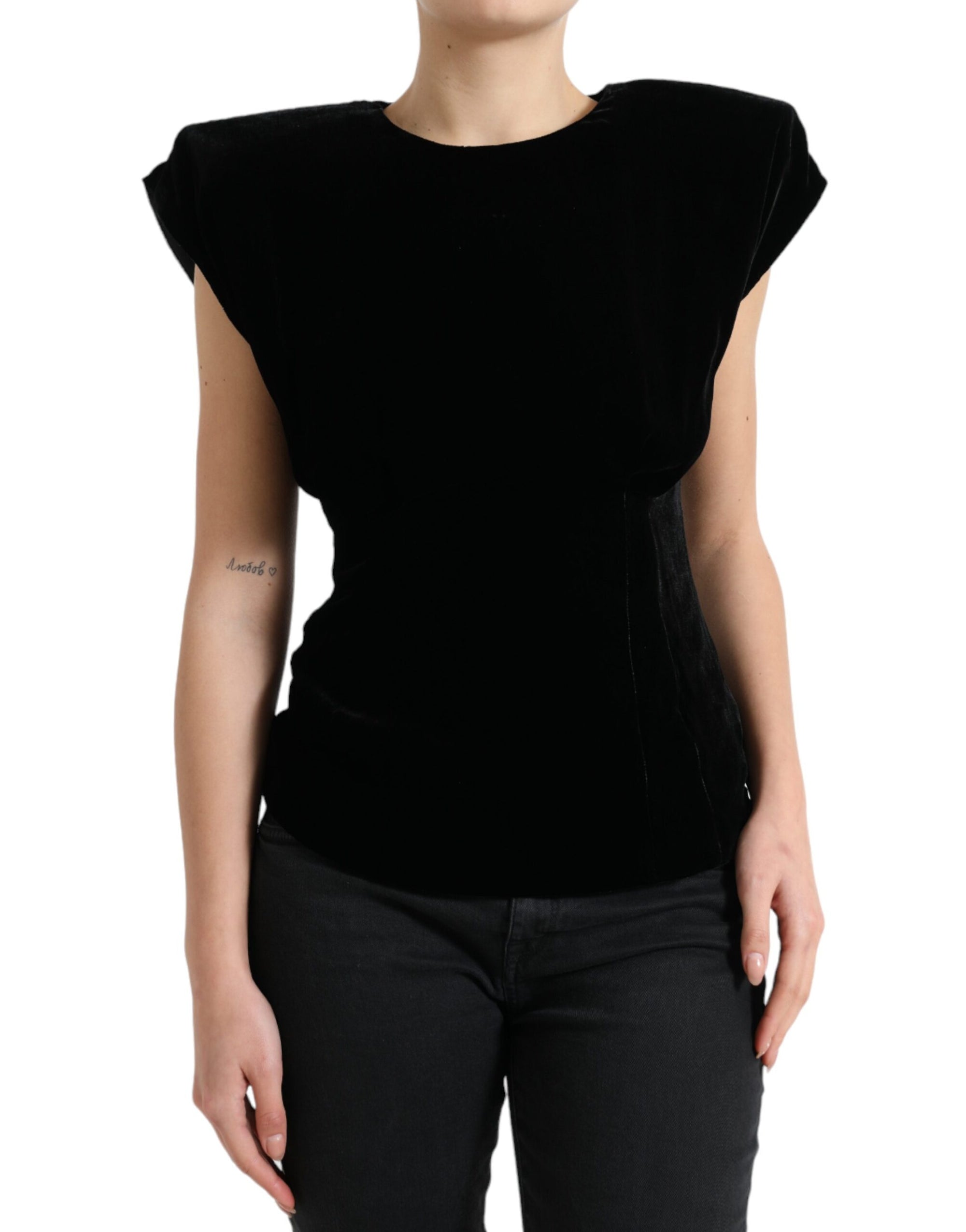 Dolce &amp; Gabbana Black Velvet Fitted Padded Shoulder Blouse Top