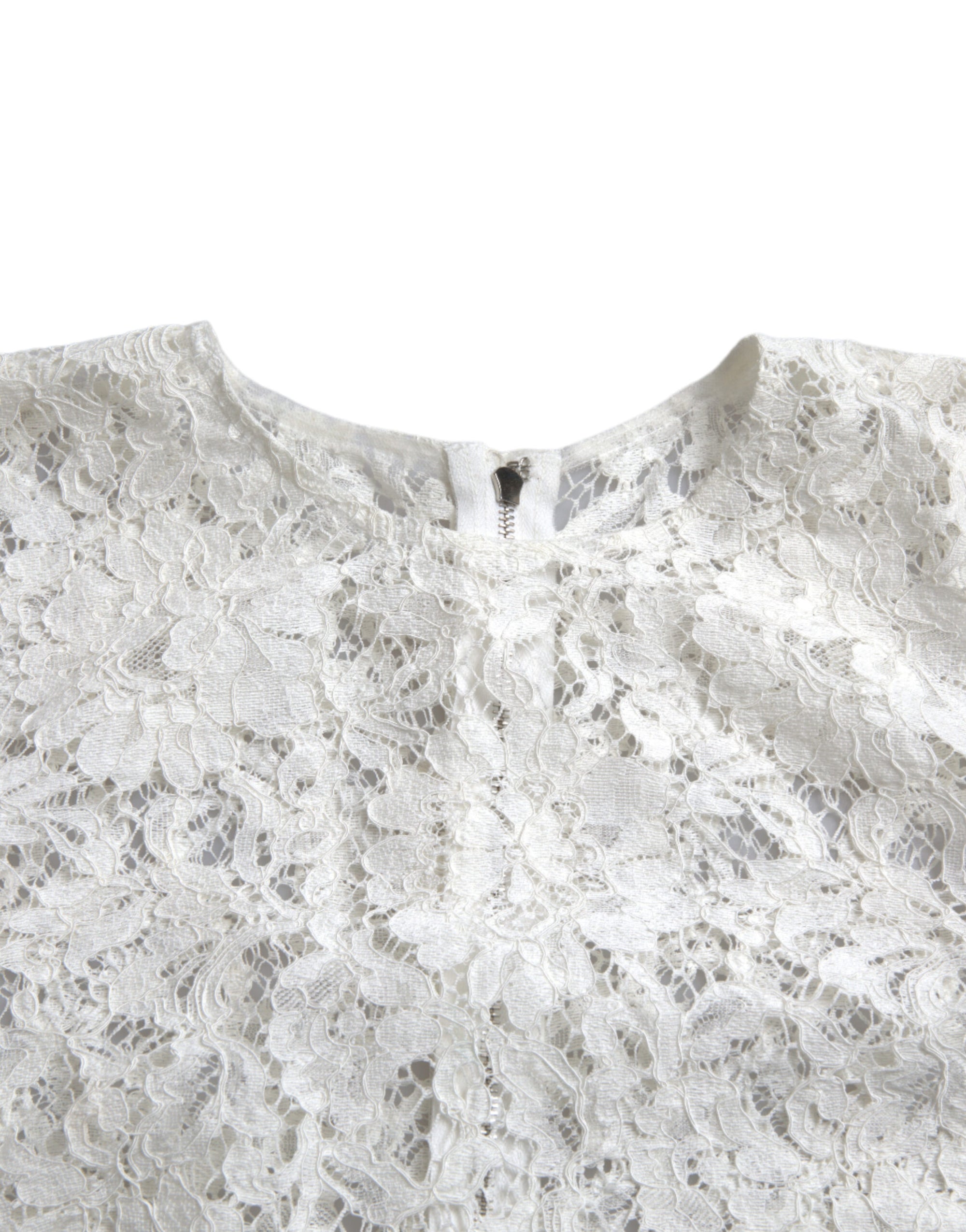 Dolce &amp; Gabbana White Floral Lace Cotton Round Neck Blouse Top
