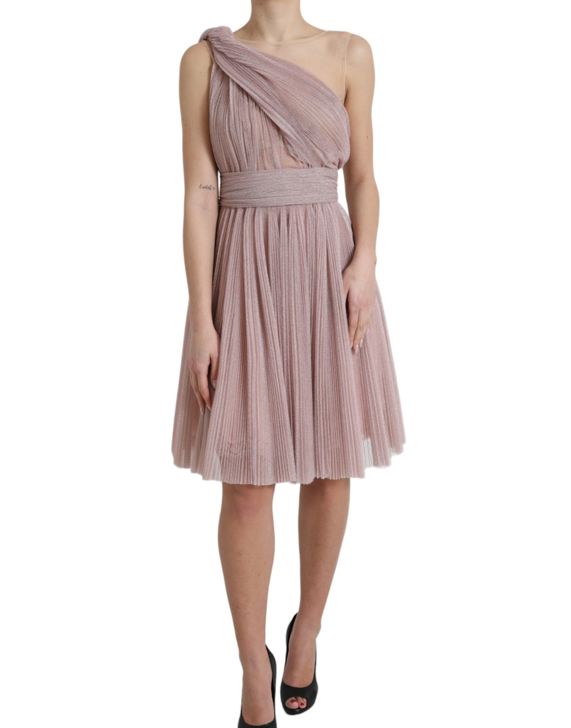 Dolce &amp; Gabbana Pink One Shoulder Pleated Lame Tulle Dress