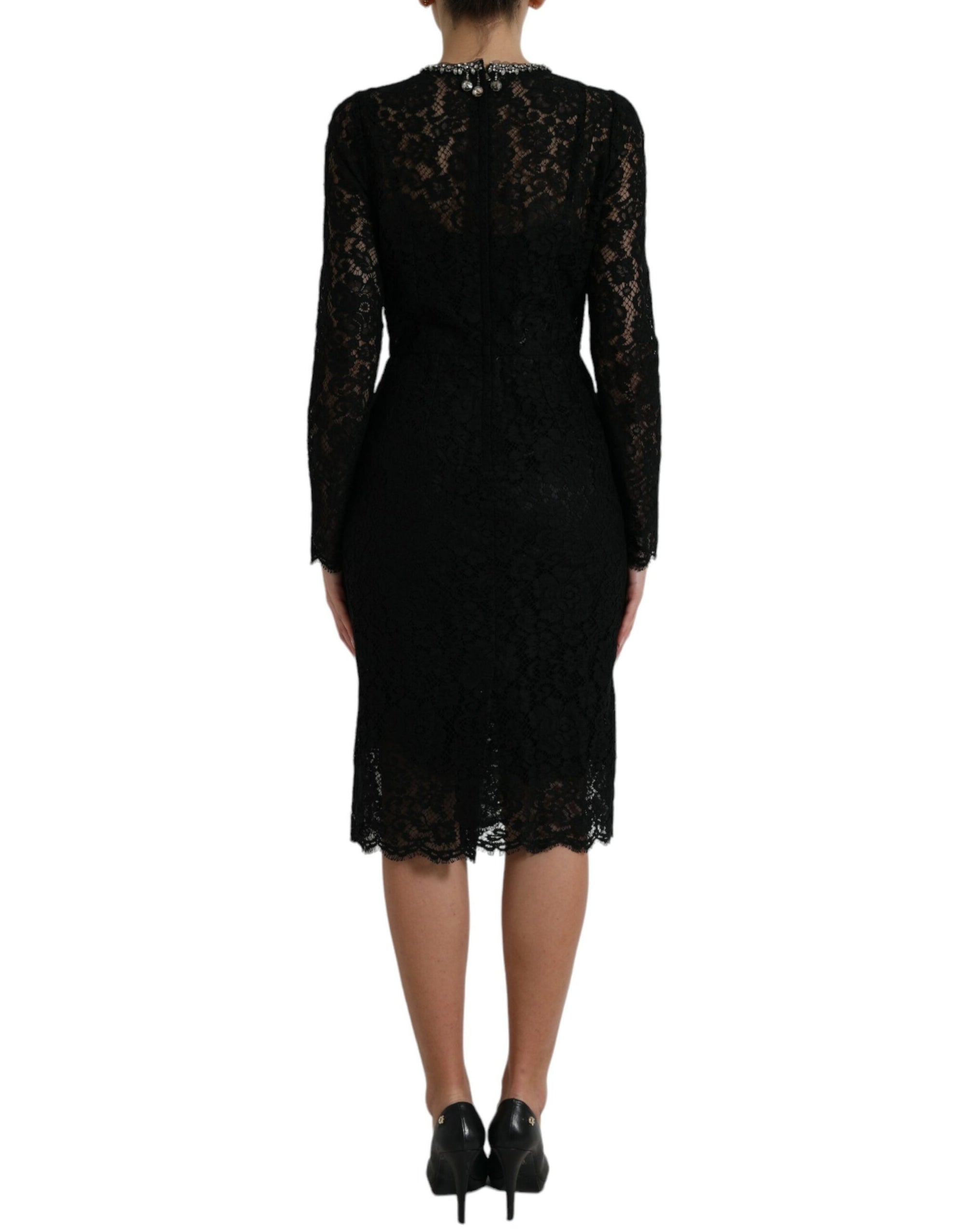 Dolce &amp; Gabbana Black Lace Crystal Embellished Sheath Dress