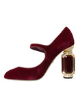 Dolce & Gabbana Red Velvet Gold Crystals Heels Mary Jane Shoes