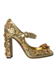 Dolce & Gabbana Gold Leather Crystal Mary Janes Pumps Shoes