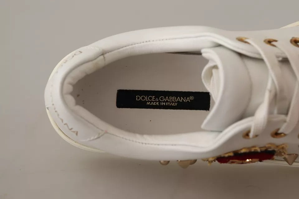 Dolce &amp; Gabbana White Leather Gold Red Heart Sneakers Shoes
