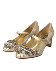 Dolce & Gabbana Gold Jacquard Crystal Mary Janes Pumps Shoes