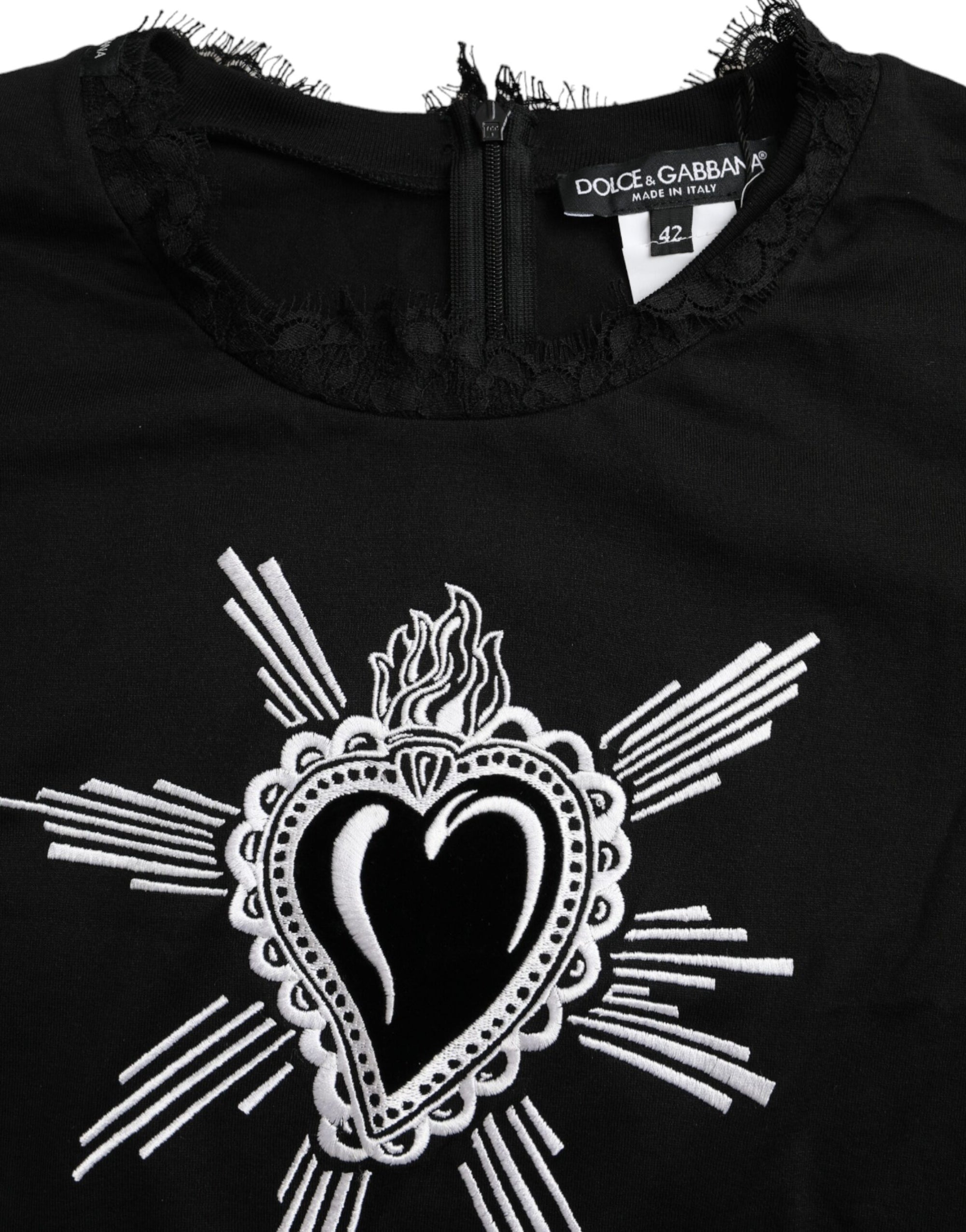 Dolce &amp; Gabbana Black Sacred Heart Print Cotton Lace T-shirt