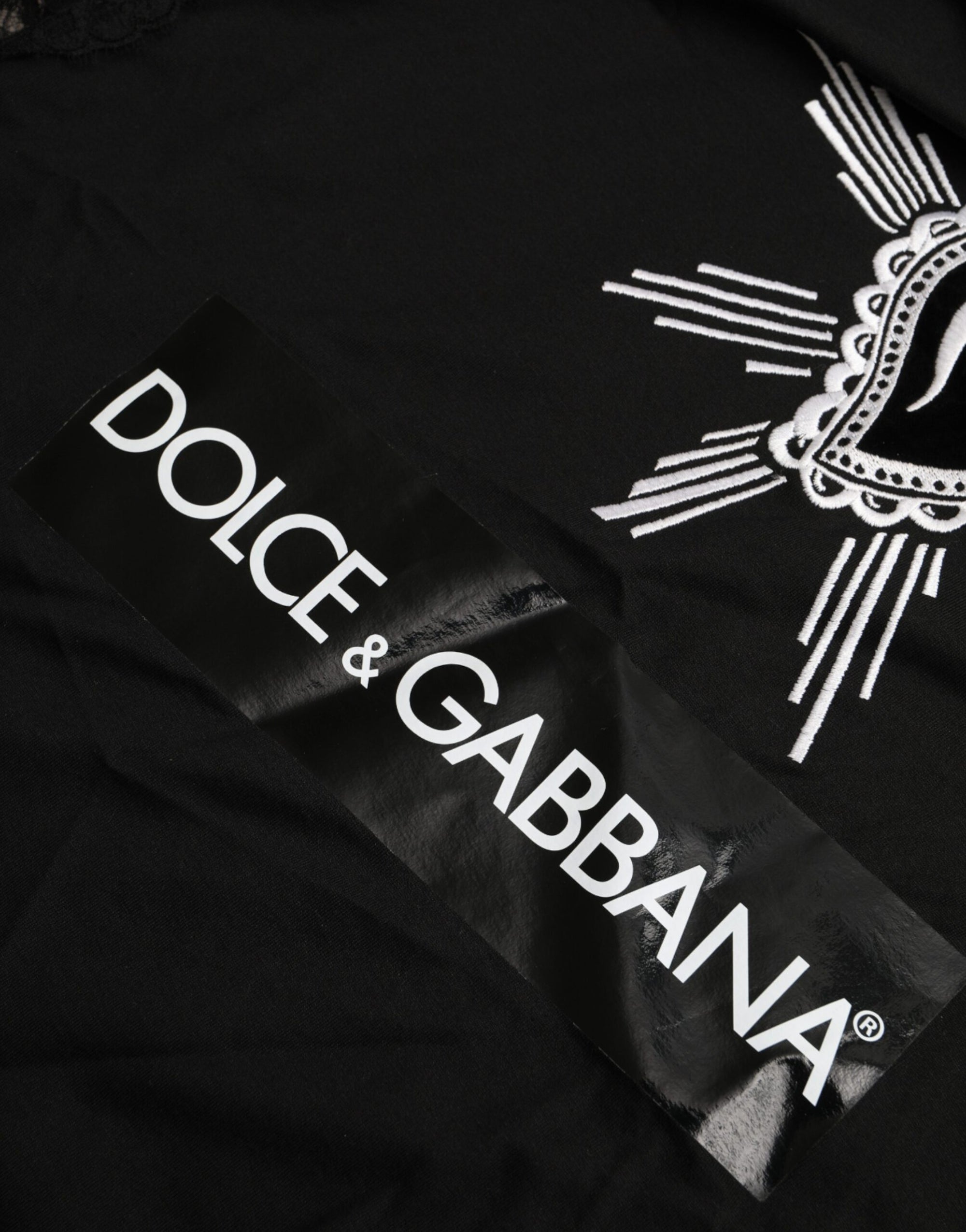Dolce &amp; Gabbana Black Sacred Heart Print Cotton Lace T-shirt