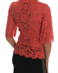 Dolce & Gabbana Orange Crystal Buttons Floral Lace Blouse