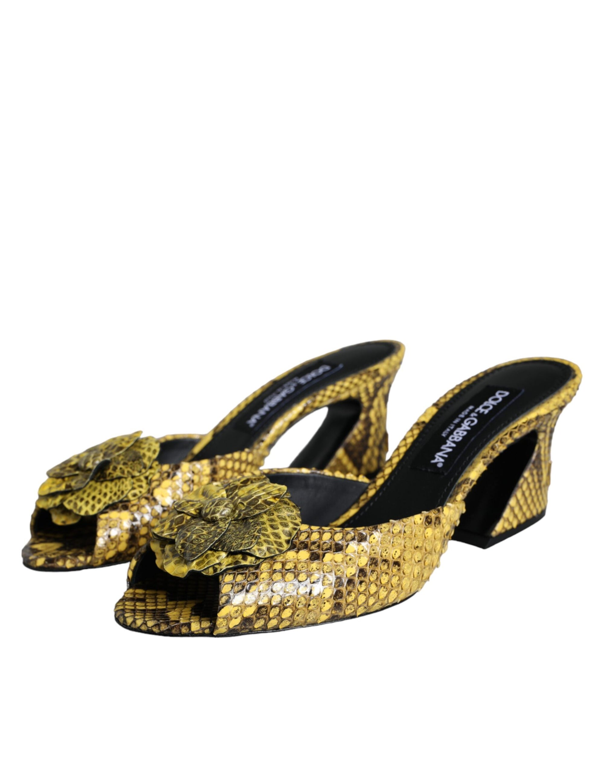 Dolce &amp; Gabbana Yellow Leather Block Heels Slides Shoes
