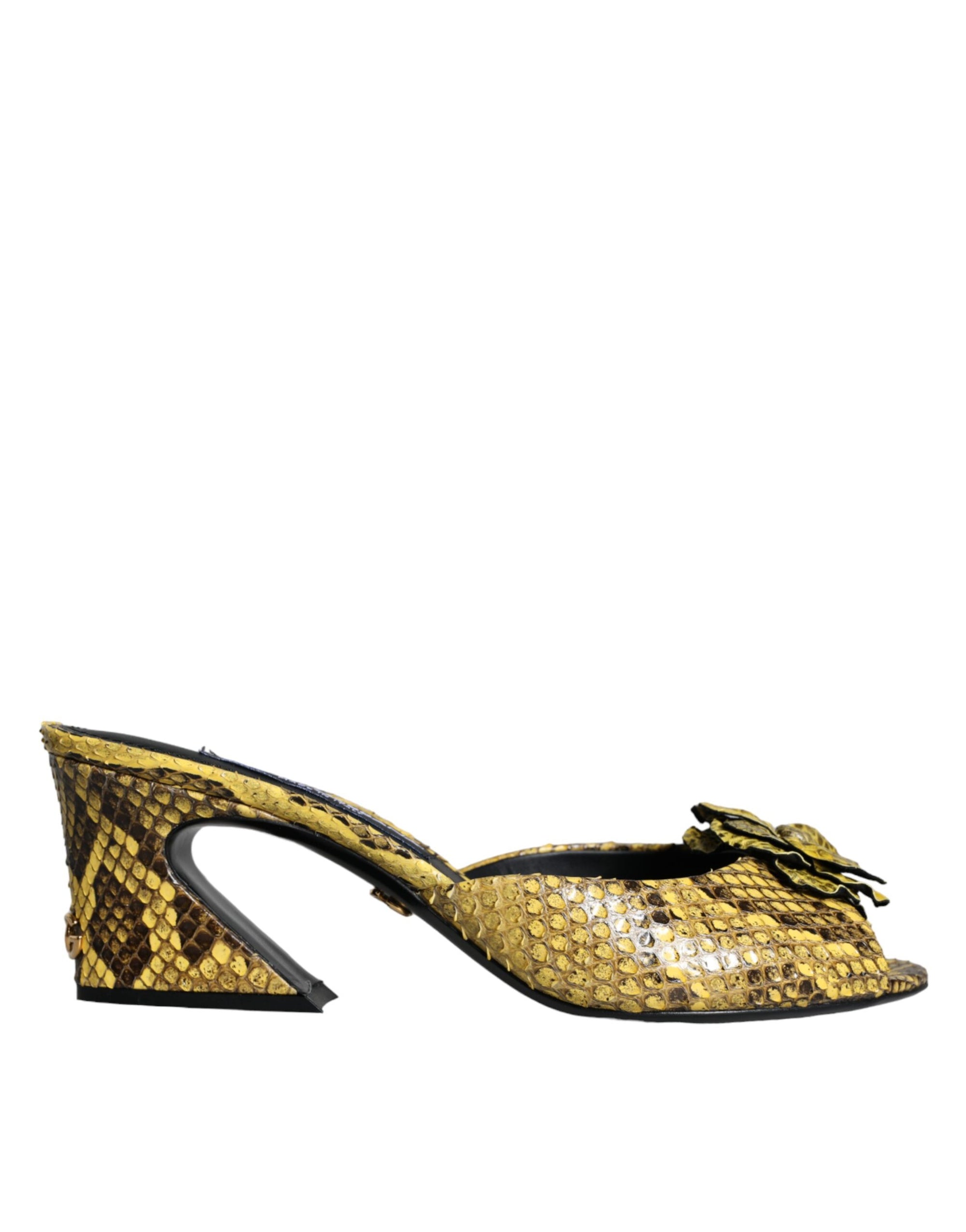Dolce &amp; Gabbana Yellow Leather Block Heels Slides Shoes