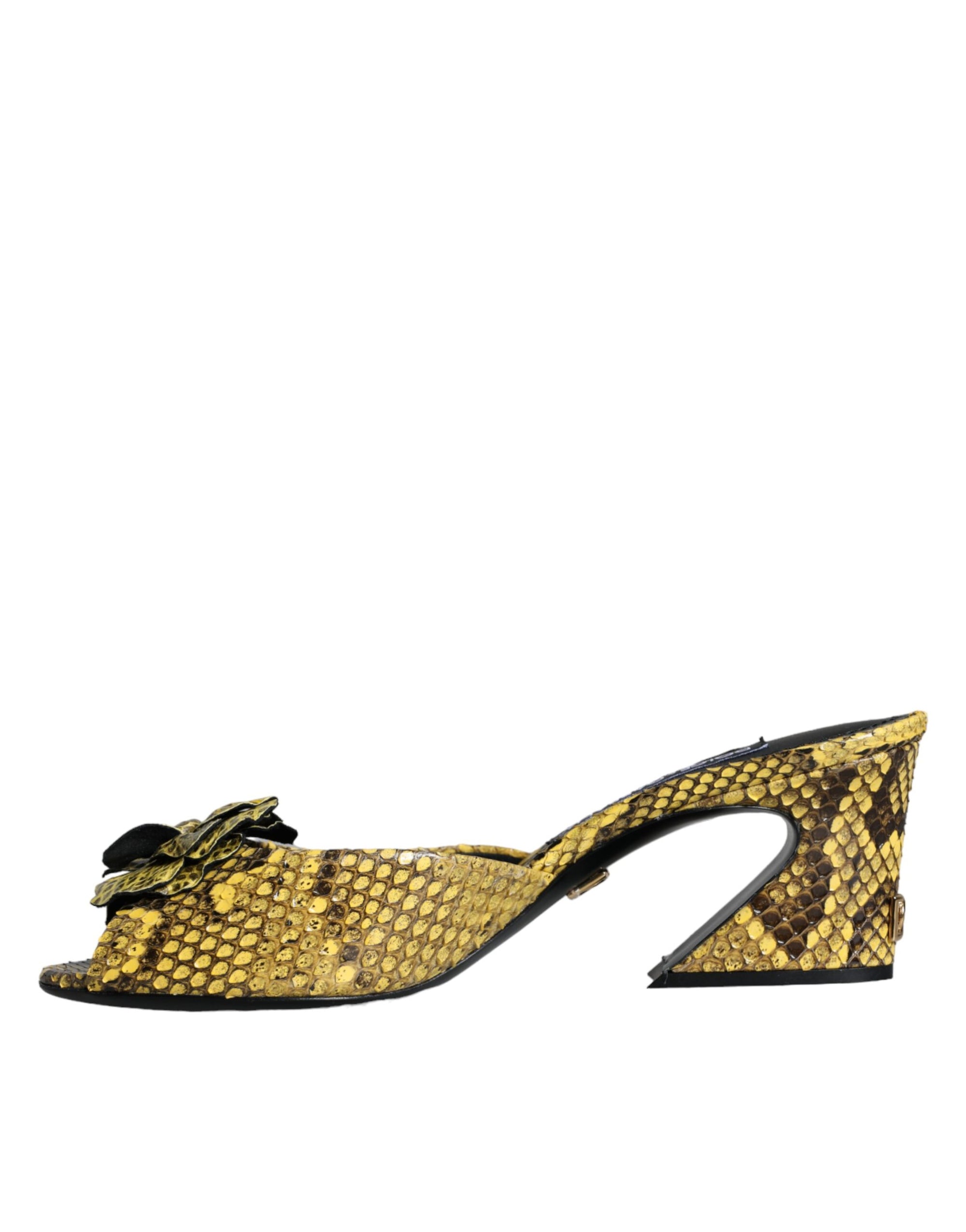 Dolce &amp; Gabbana Yellow Leather Block Heels Slides Shoes