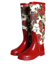 Dolce & Gabbana Red Floral Rubber Knee High Flat Boots Shoes