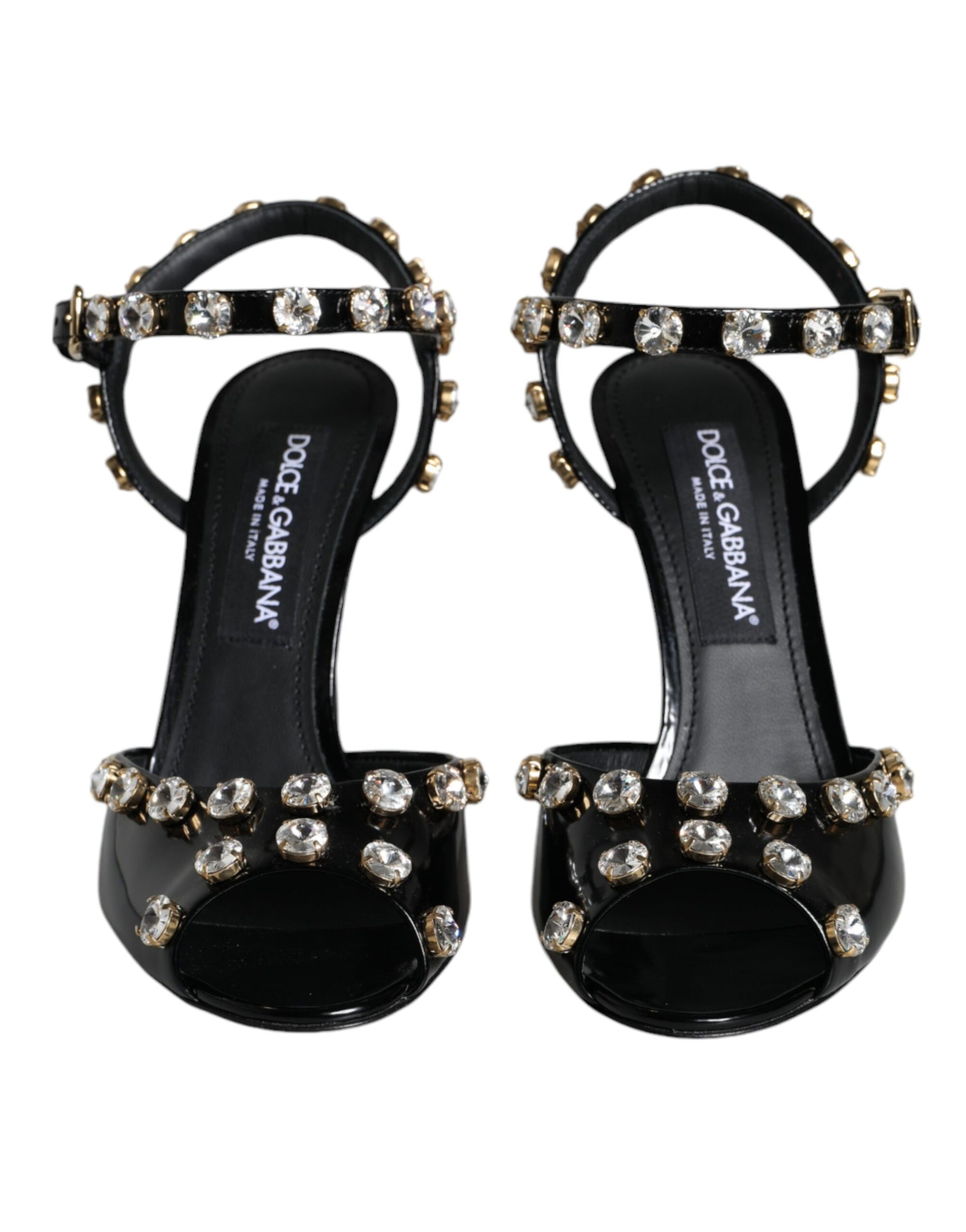 Dolce &amp; Gabbana Black Leather Crystal Ankle Strap Sandals Shoes
