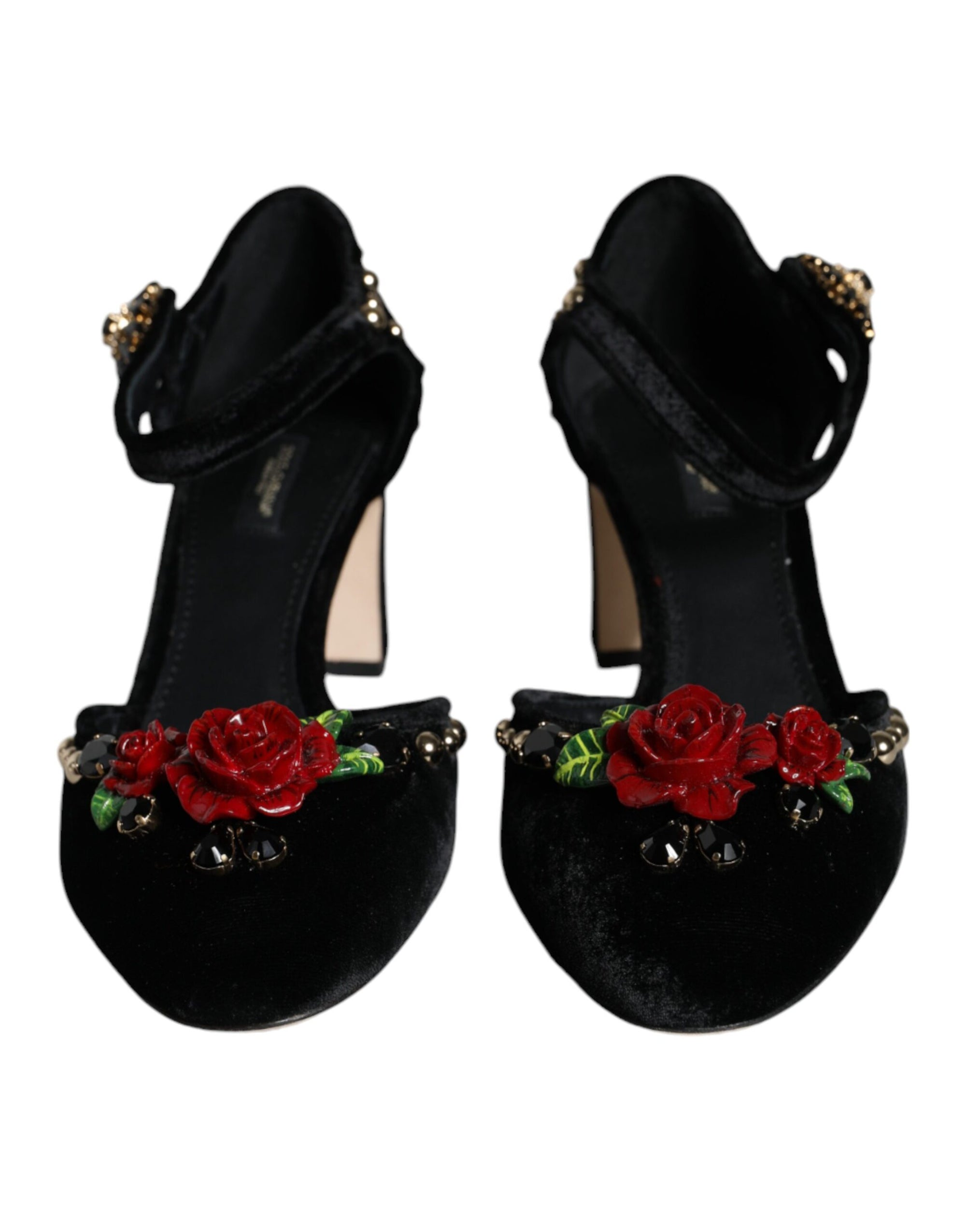 Dolce &amp; Gabbana Black Velvet Roses Ankle Strap Pumps Shoes
