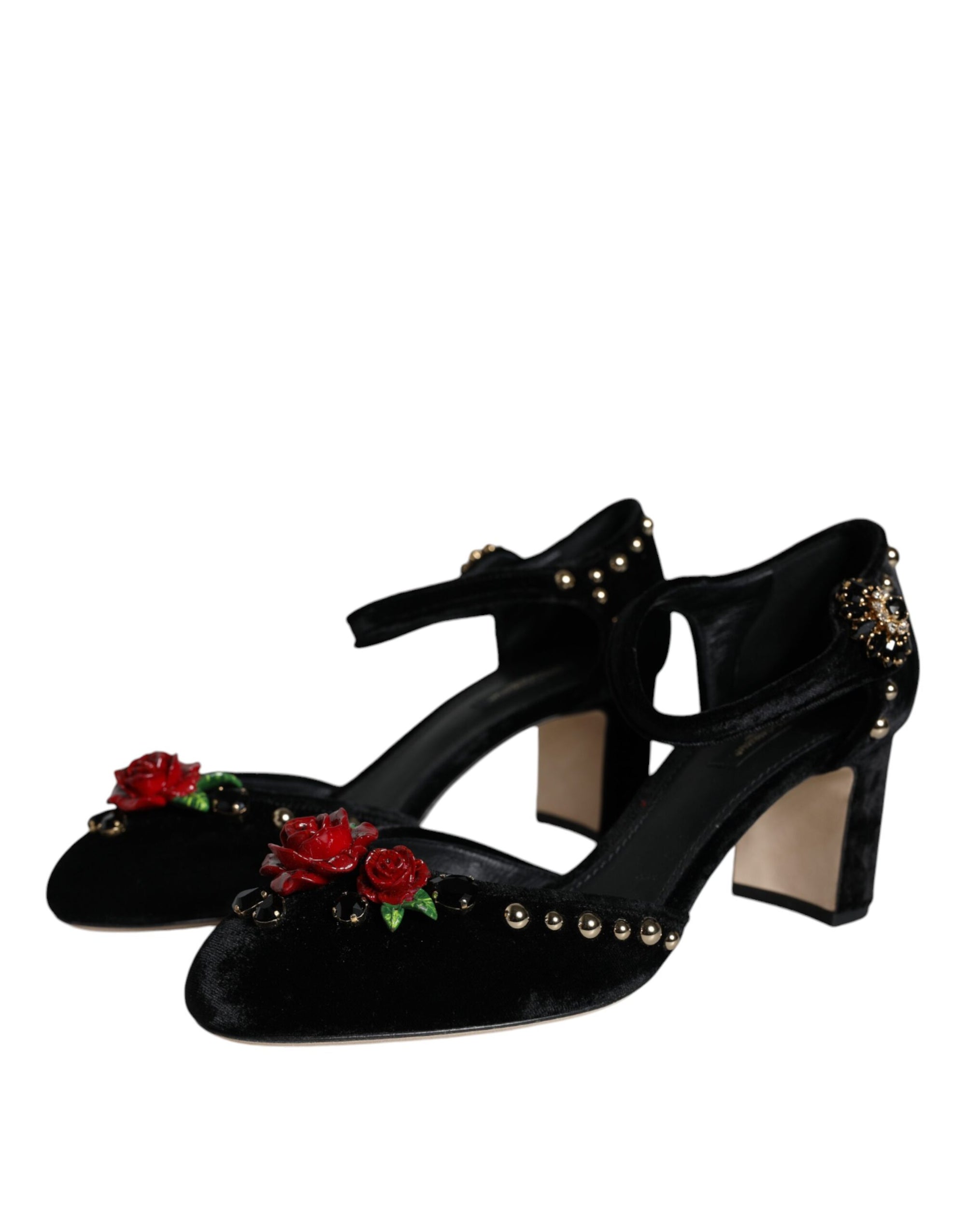 Dolce &amp; Gabbana Black Velvet Roses Ankle Strap Pumps Shoes