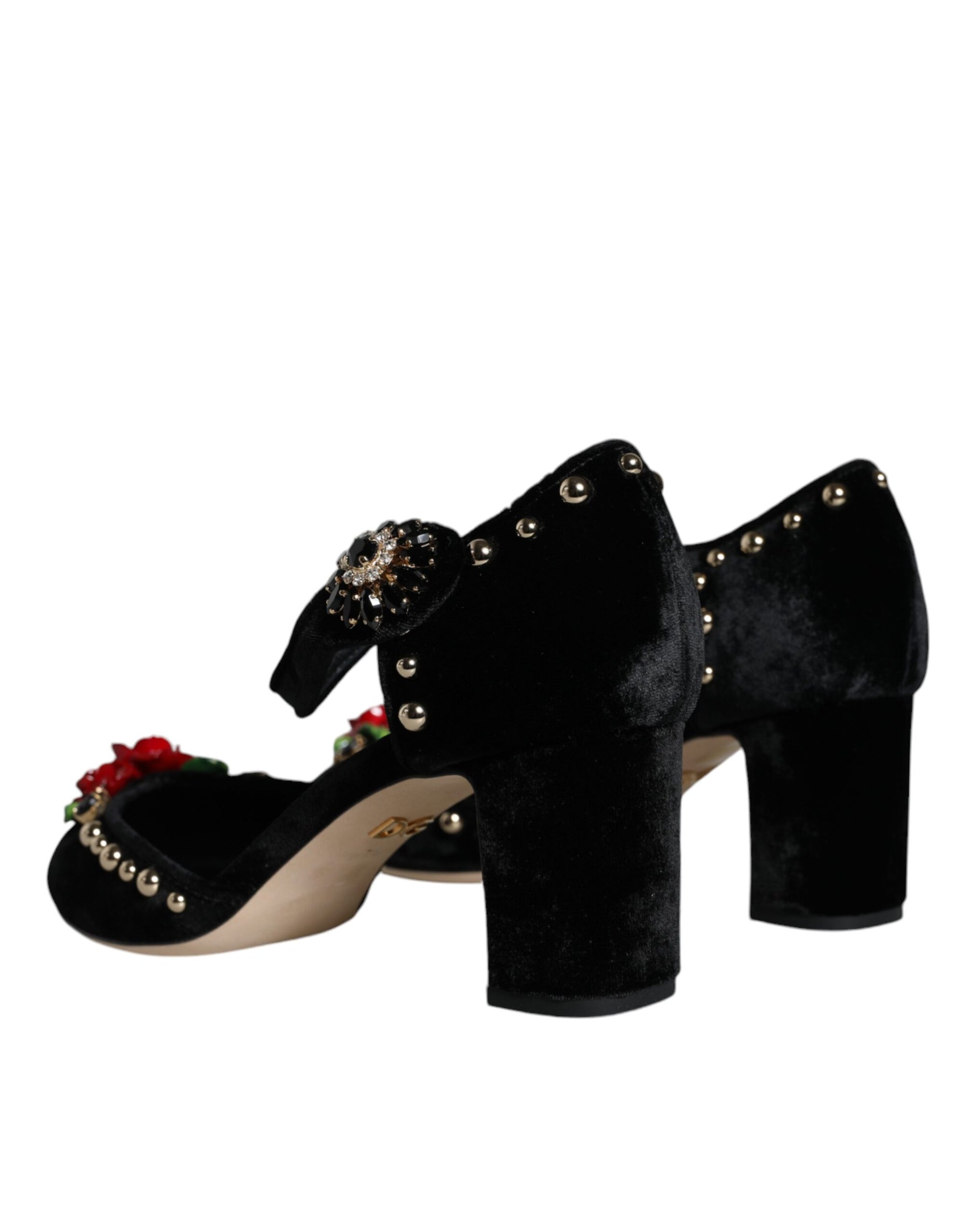Dolce &amp; Gabbana Black Velvet Roses Ankle Strap Pumps Shoes