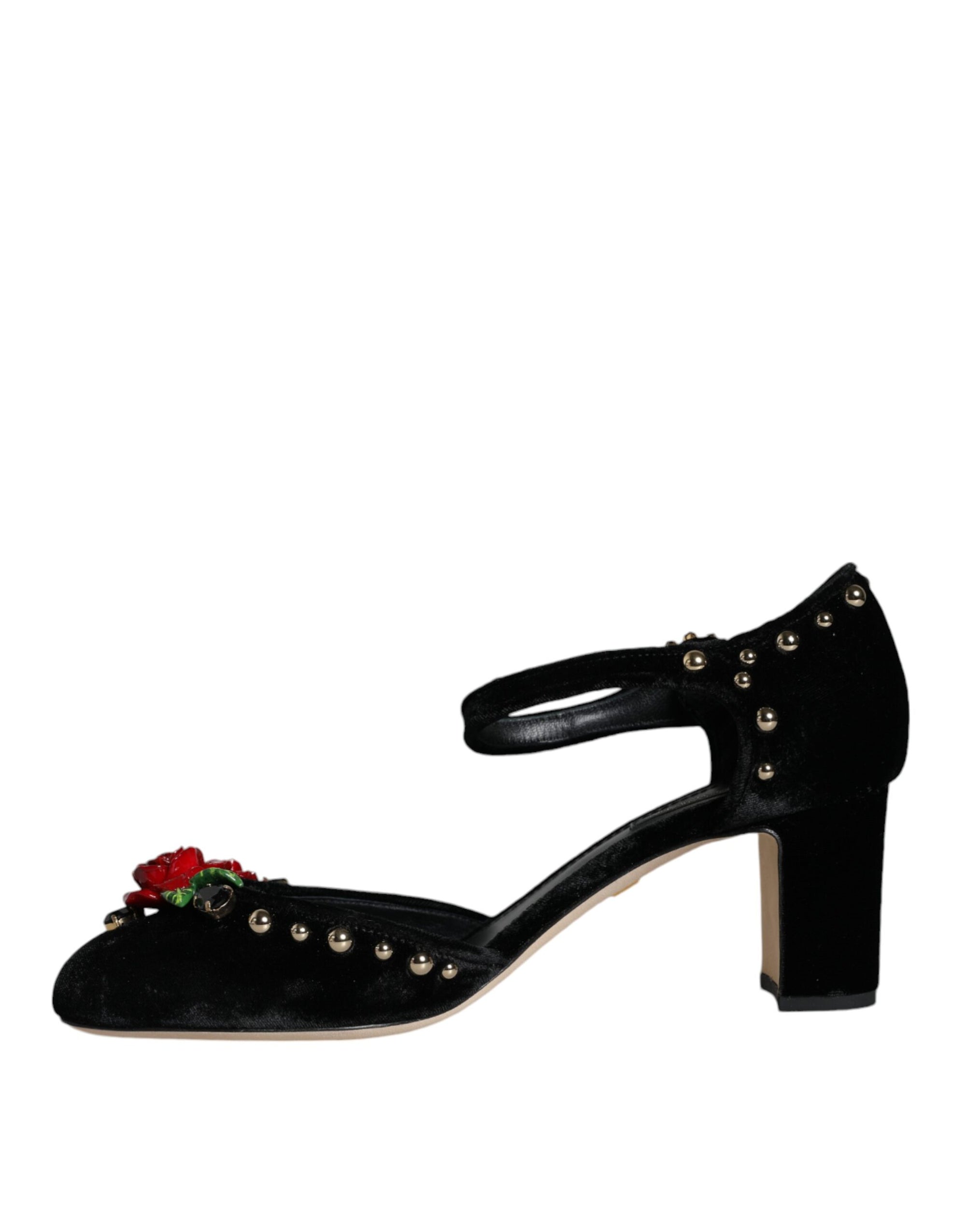 Dolce &amp; Gabbana Black Velvet Roses Ankle Strap Pumps Shoes