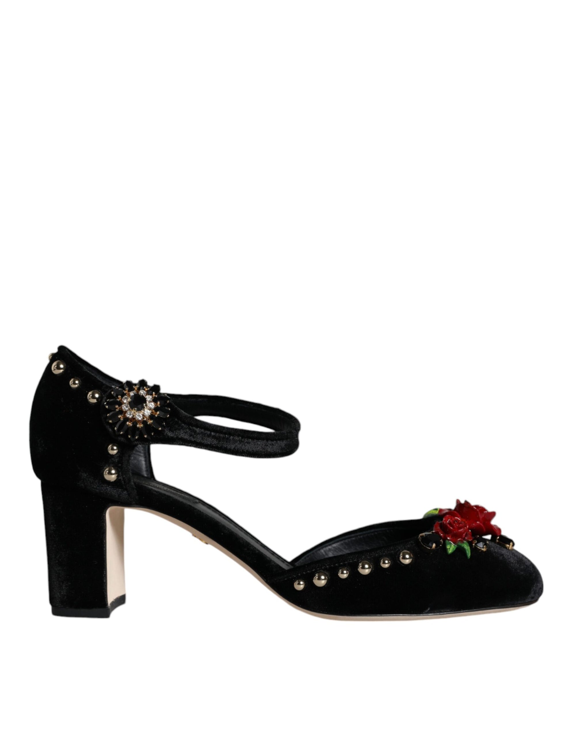 Dolce &amp; Gabbana Black Velvet Roses Ankle Strap Pumps Shoes