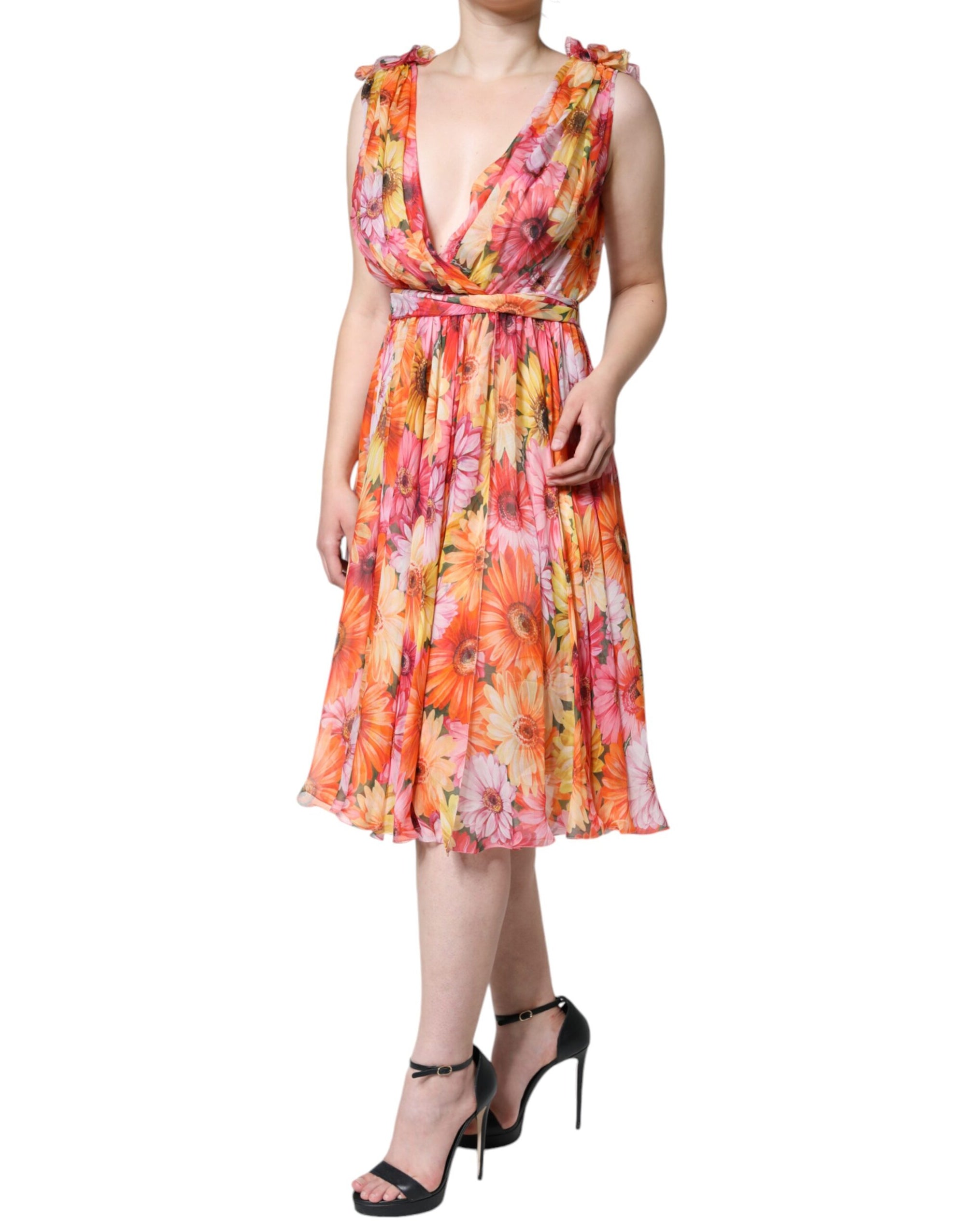 Dolce &amp; Gabbana Multicolor Floral Sleeveless V-neck Midi Dress