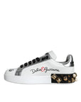 Dolce & Gabbana White Leather Floral Studded Sneakers Shoes