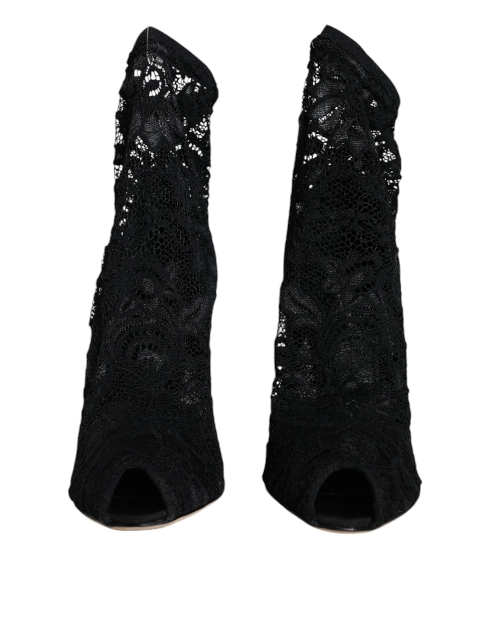 Dolce &amp; Gabbana Black Lace Stretch Heels Mid Calf Boot Shoes