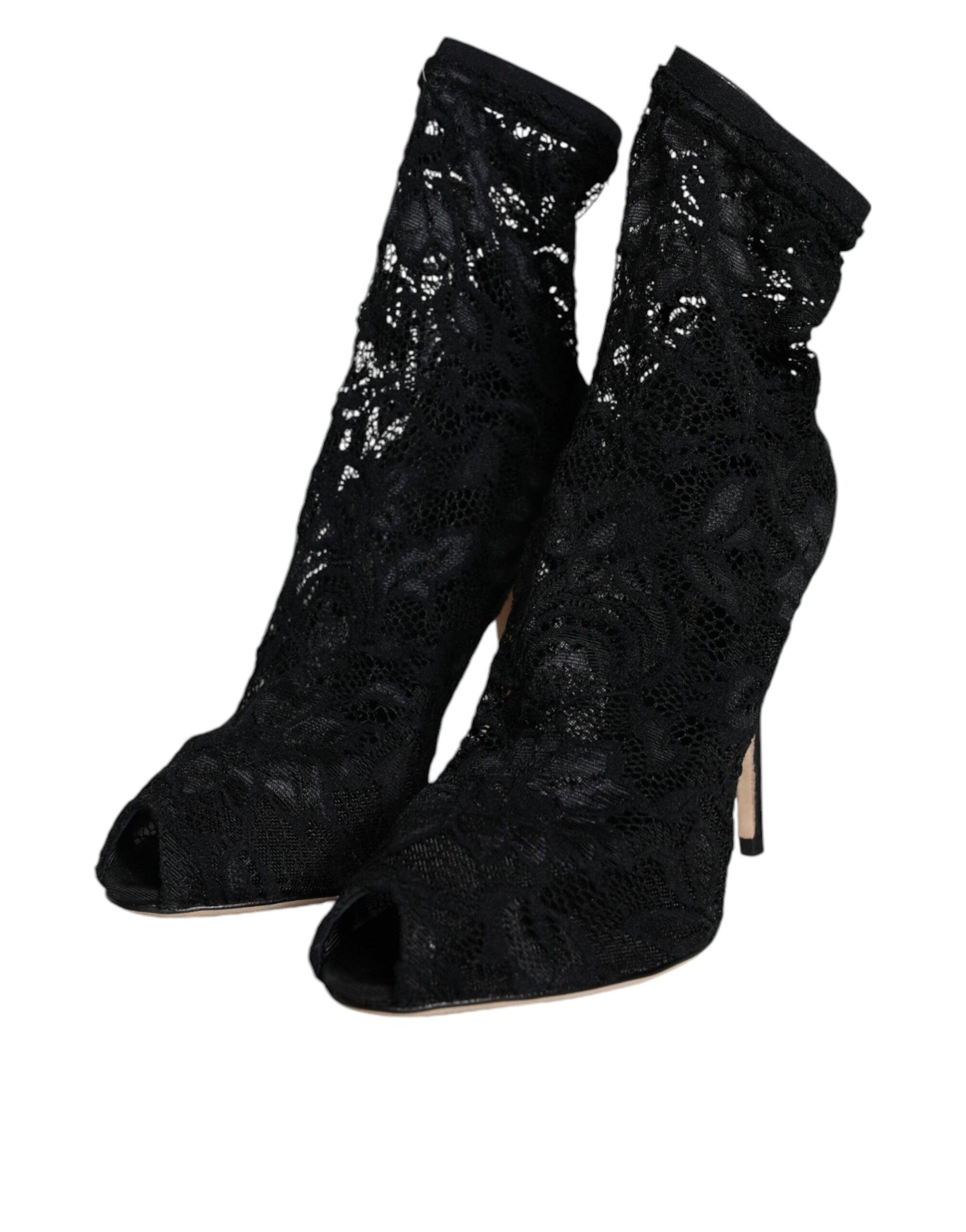 Dolce &amp; Gabbana Black Lace Stretch Heels Mid Calf Boot Shoes