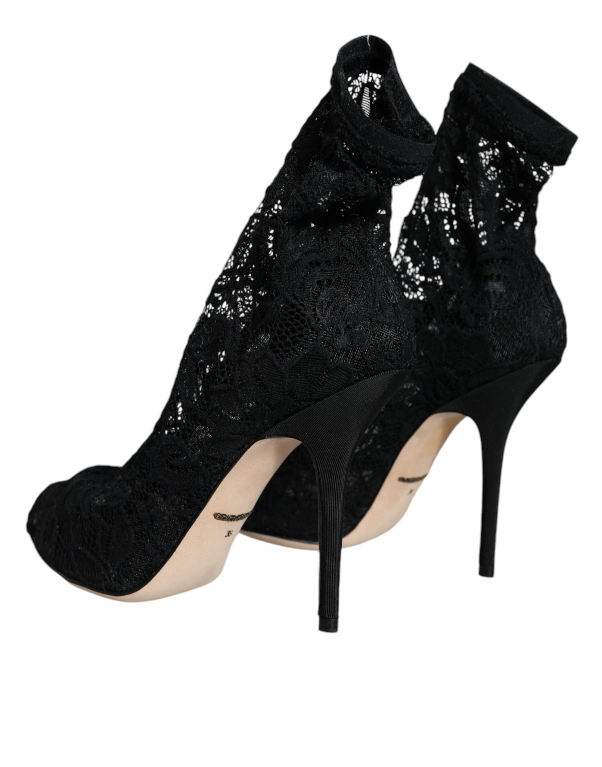 Dolce &amp; Gabbana Black Lace Stretch Heels Mid Calf Boot Shoes